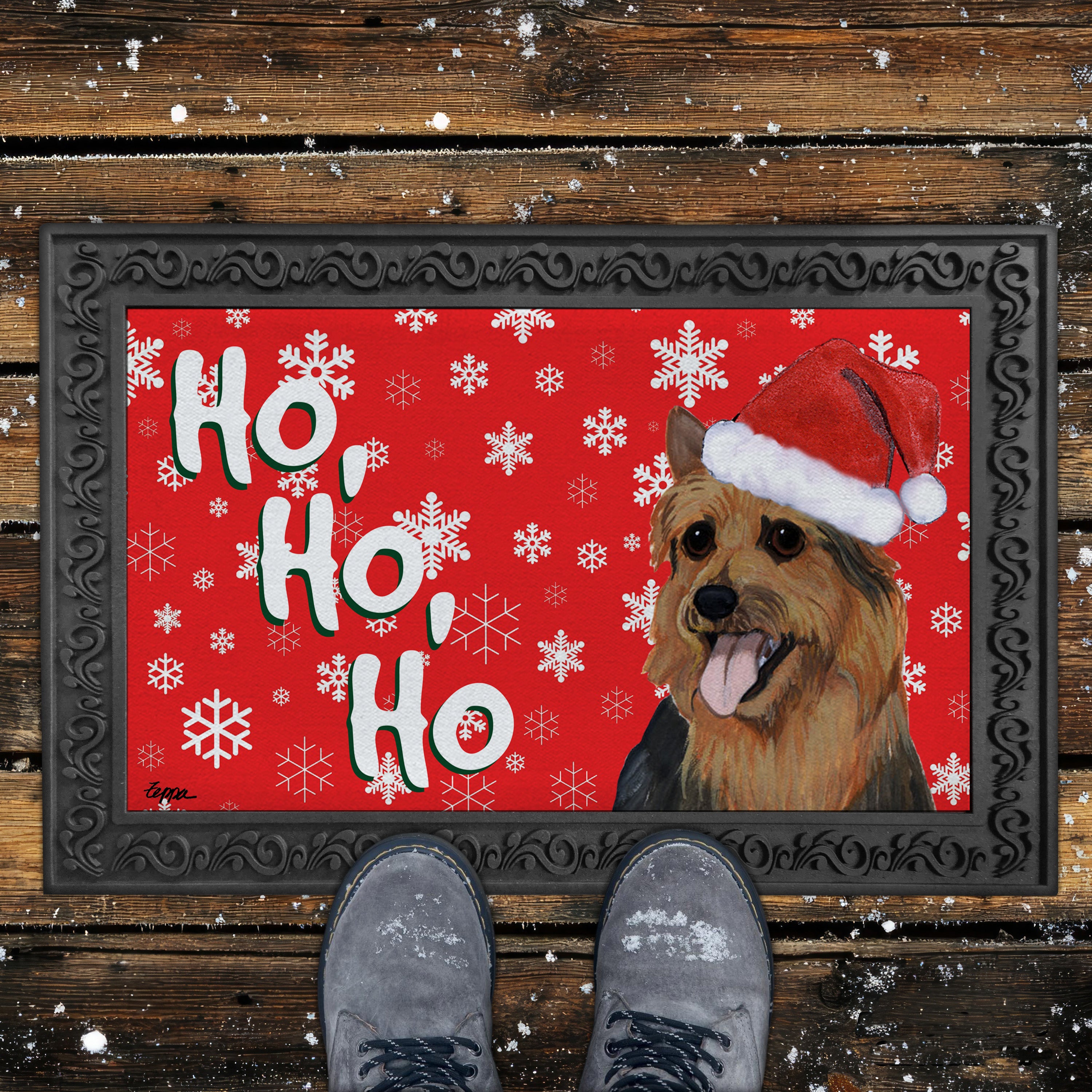 Australian Terrier Ho Ho Ho Door Mat in Red