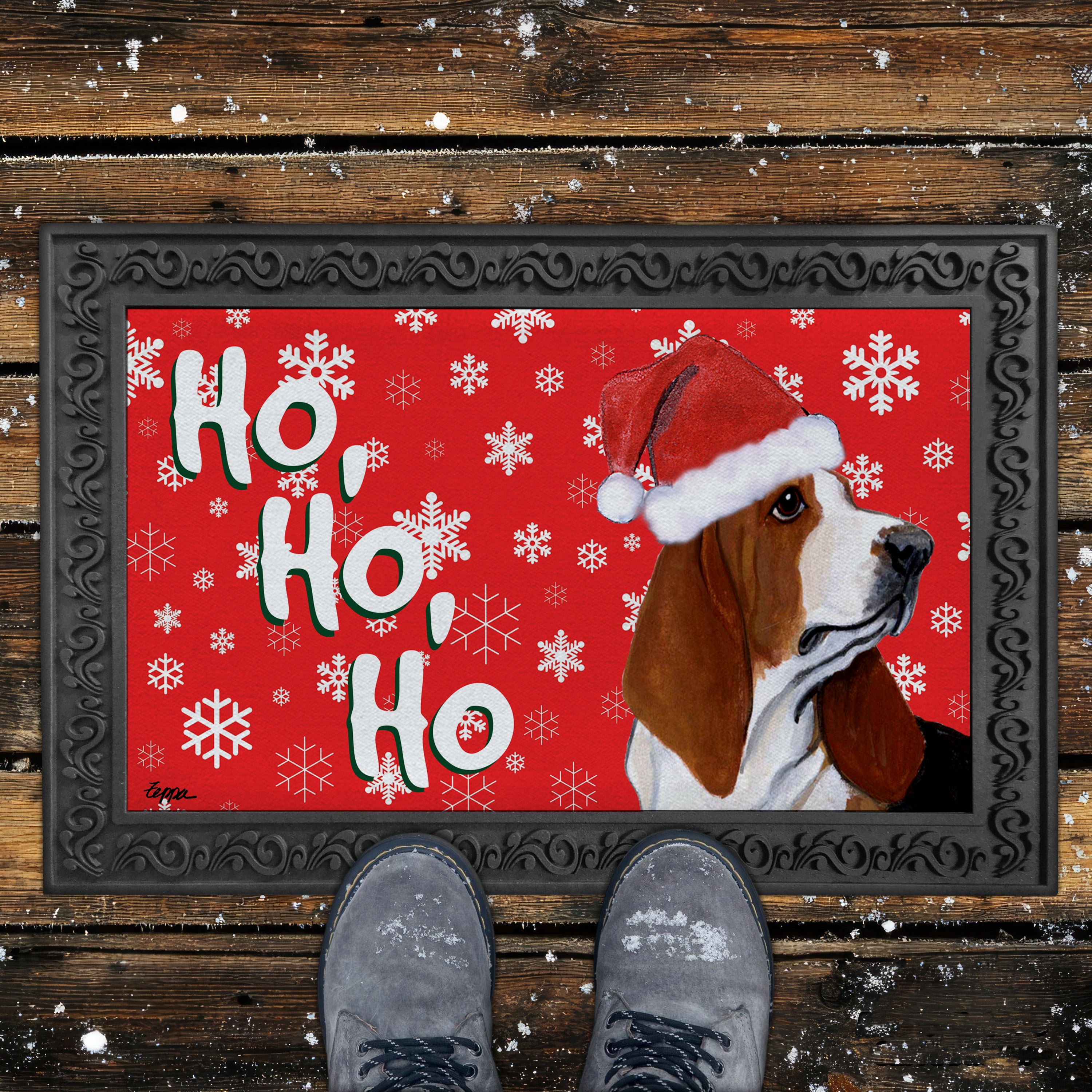 Basset Hound Ho Ho Ho Door Mat in Red