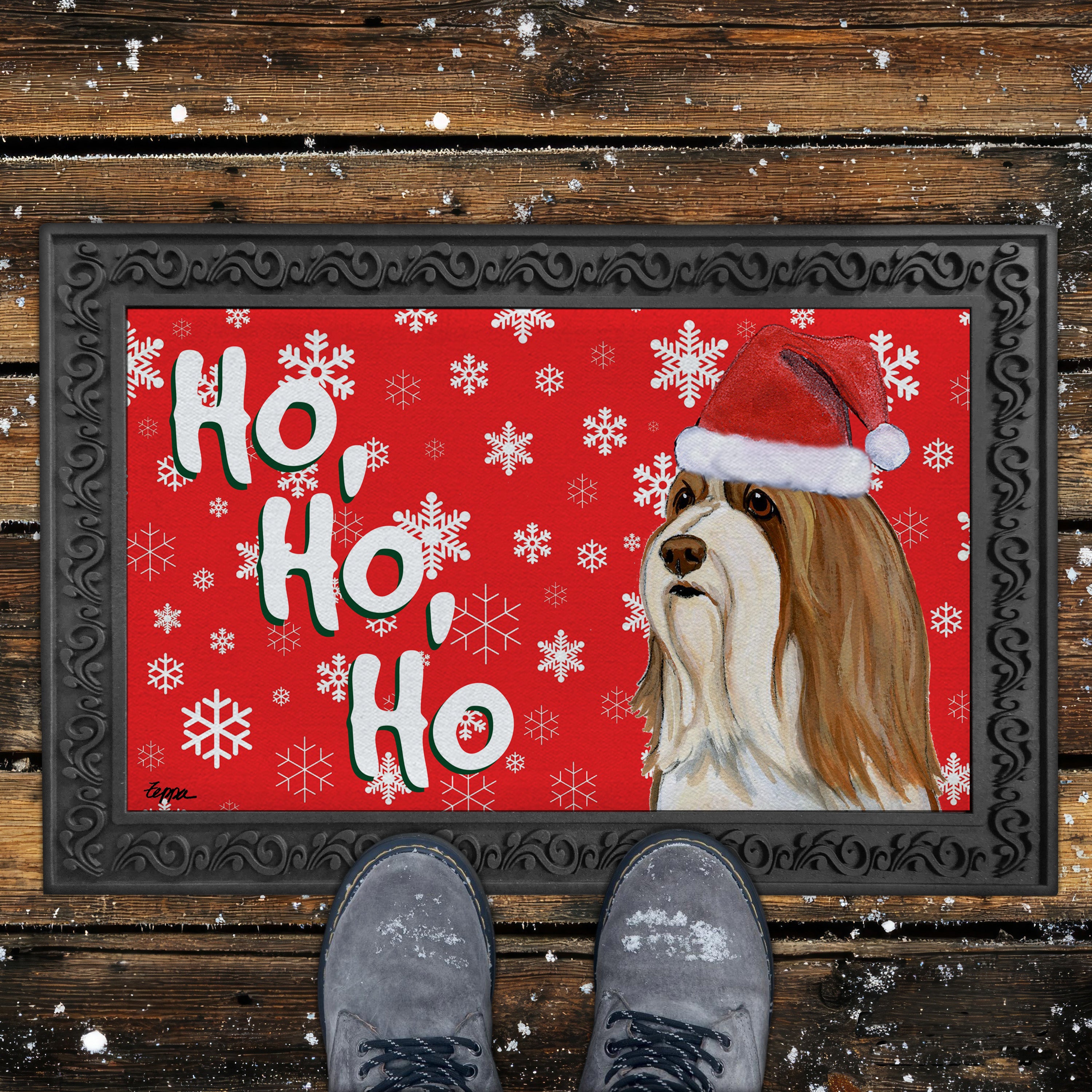 Brown and White Bearded Collie Ho Ho Ho Door Mat in Red