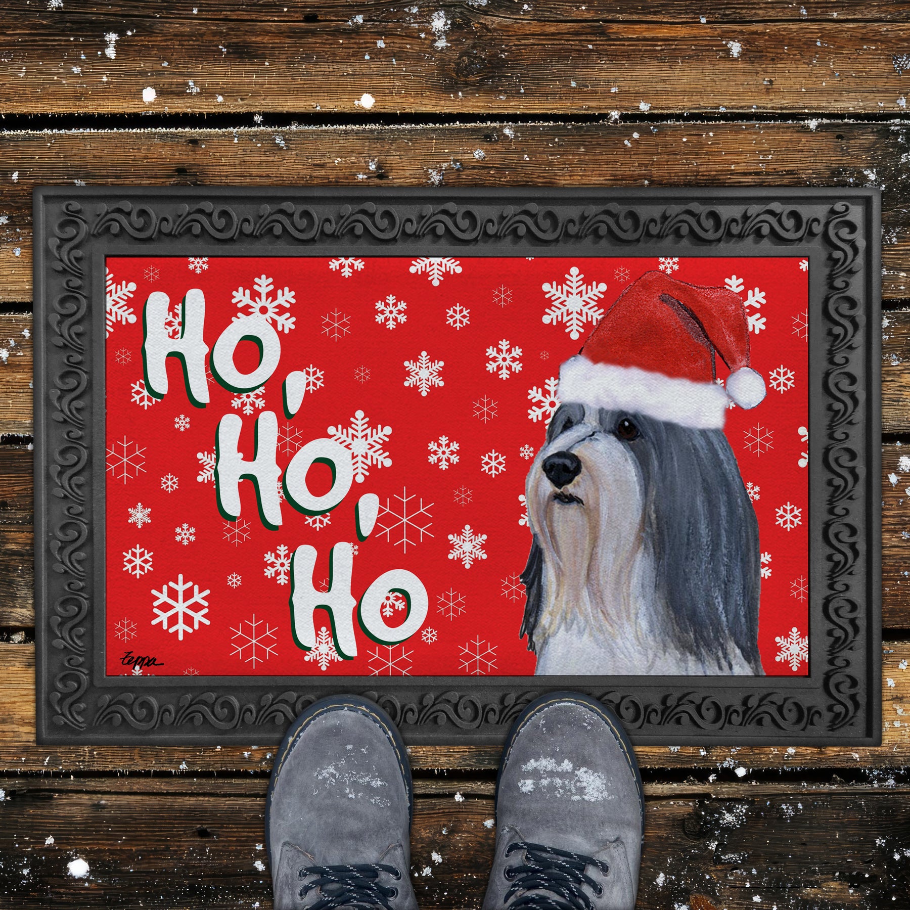 Bearded Collie Ho Ho Ho Door Mat in Red