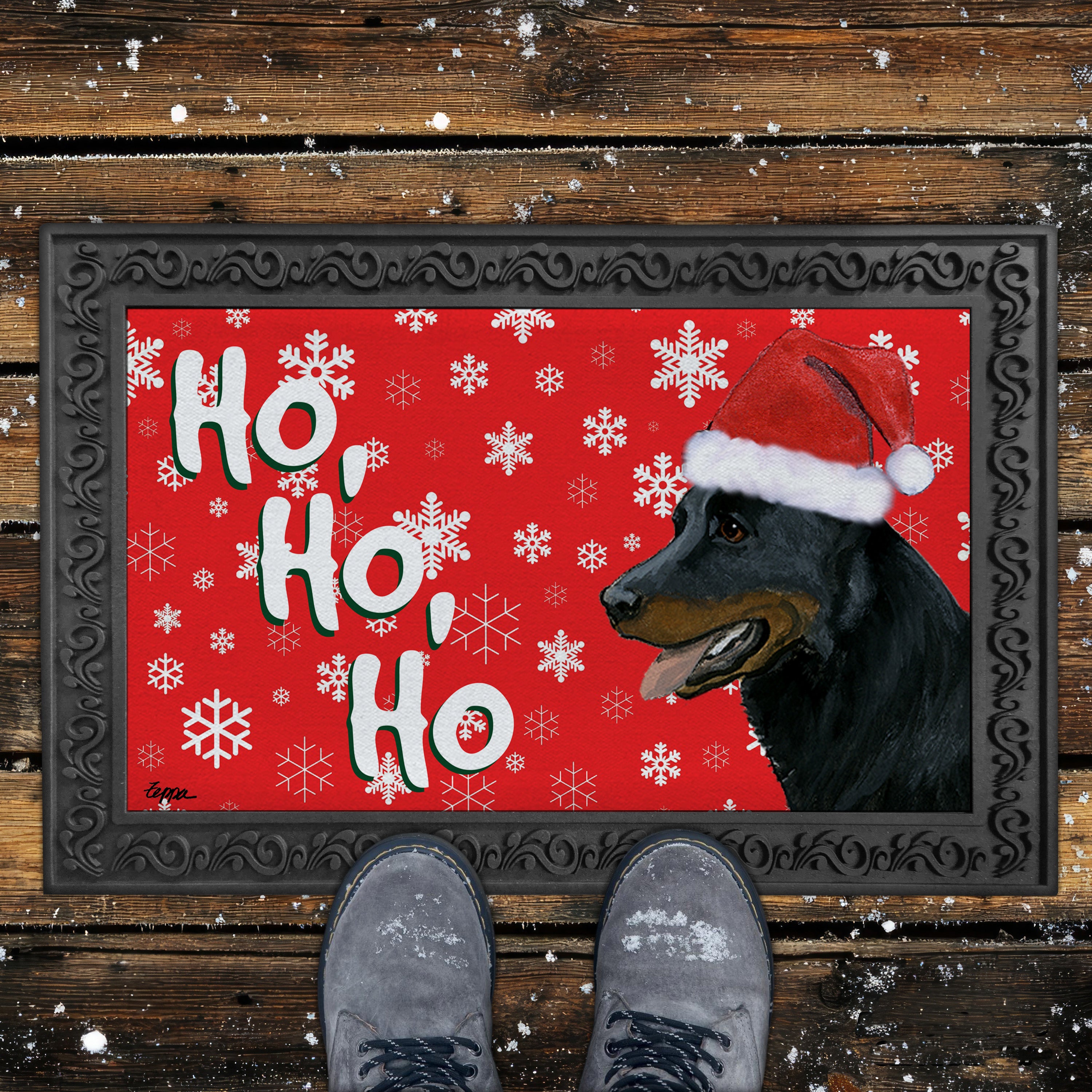 Beauceron Ho Ho Ho Door Mat in Red
