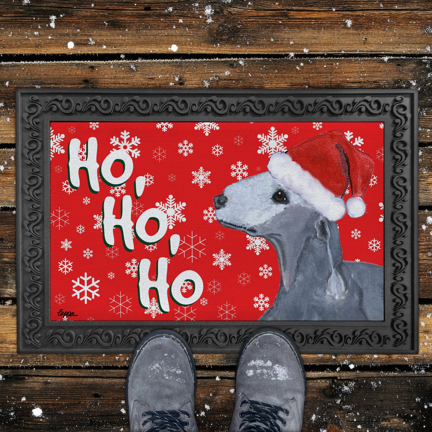 Bedlington Terrier Ho Ho Ho Door Mat in Red
