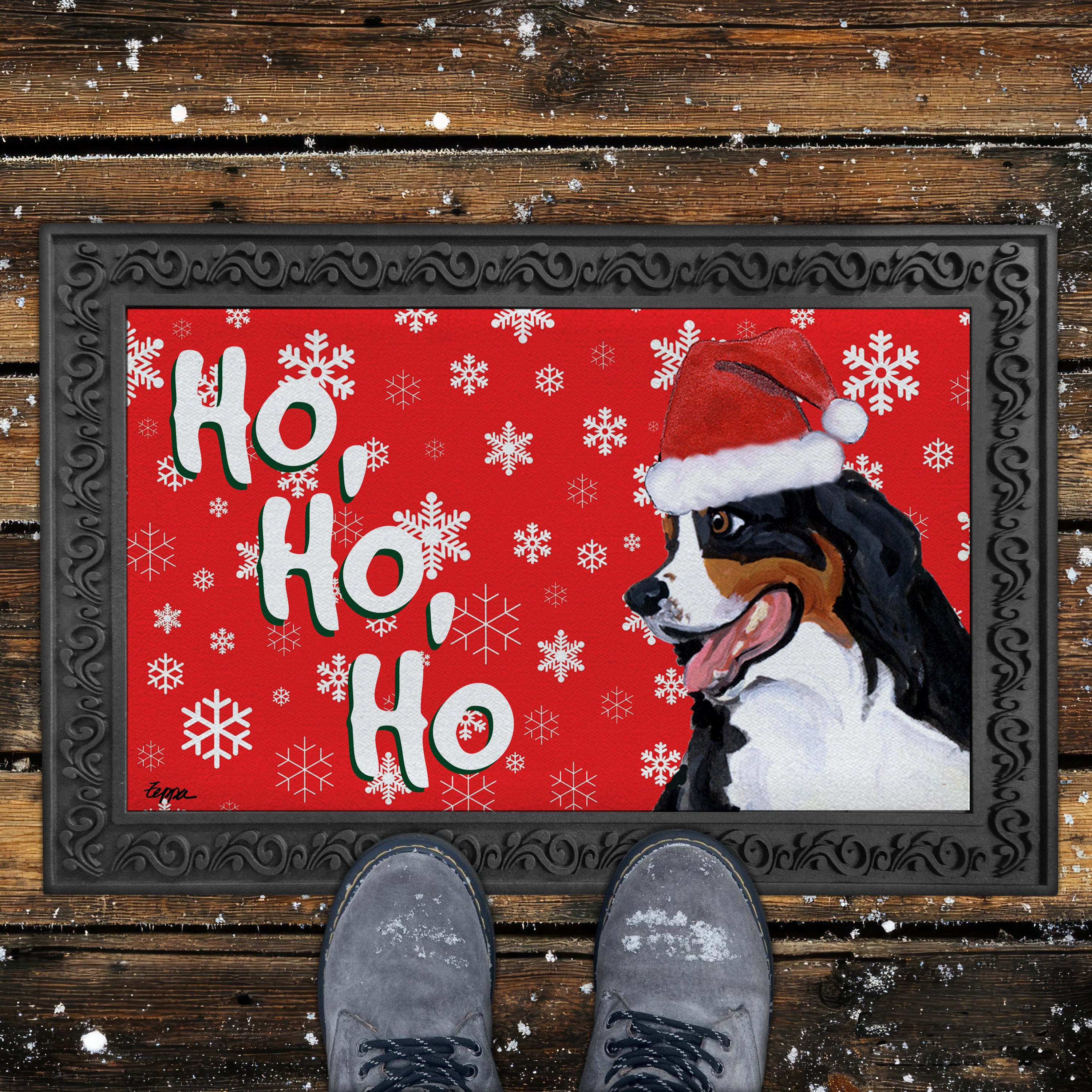 Bernese Mountain Dog Ho Ho Ho Door Mat in Red