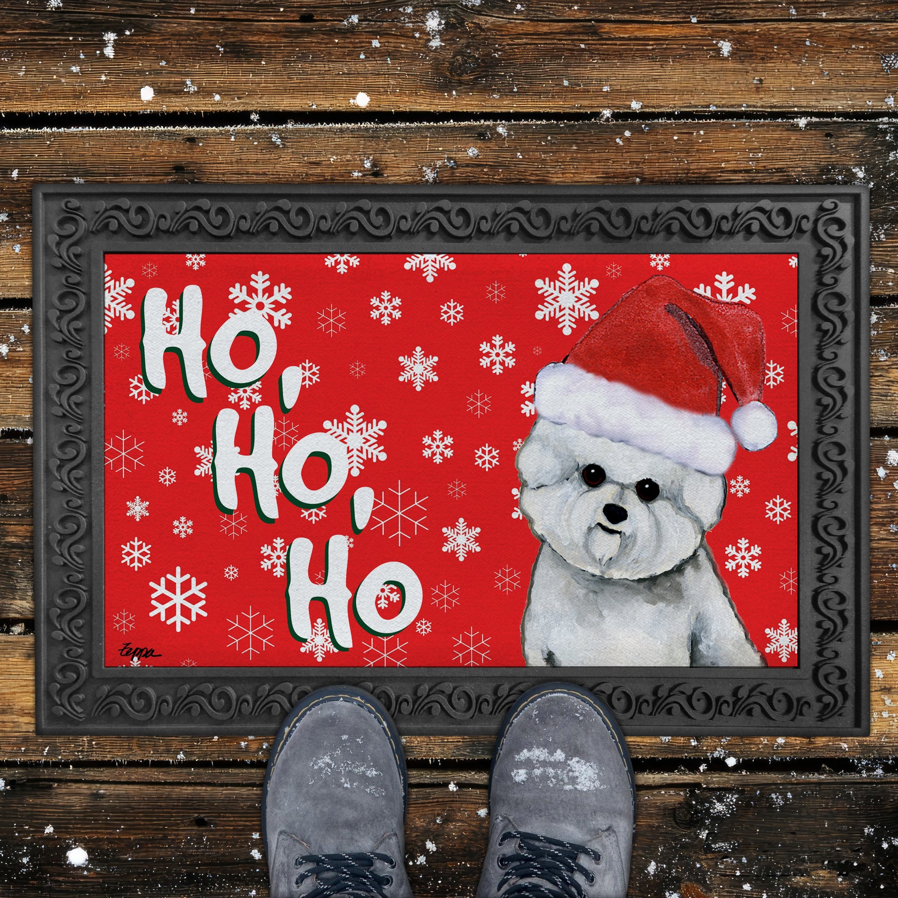 Bichon Frise Ho Ho Ho Door Mat in Red