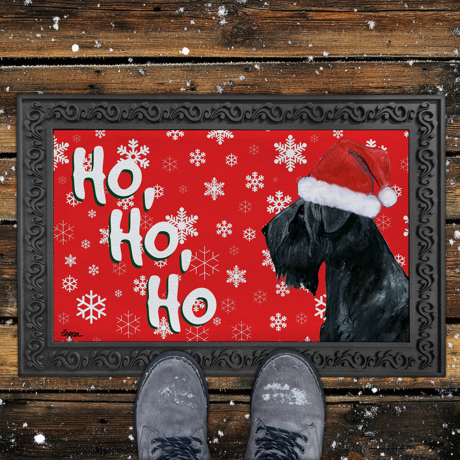 Black Russian Terrier Ho Ho Ho Door Mat in Red