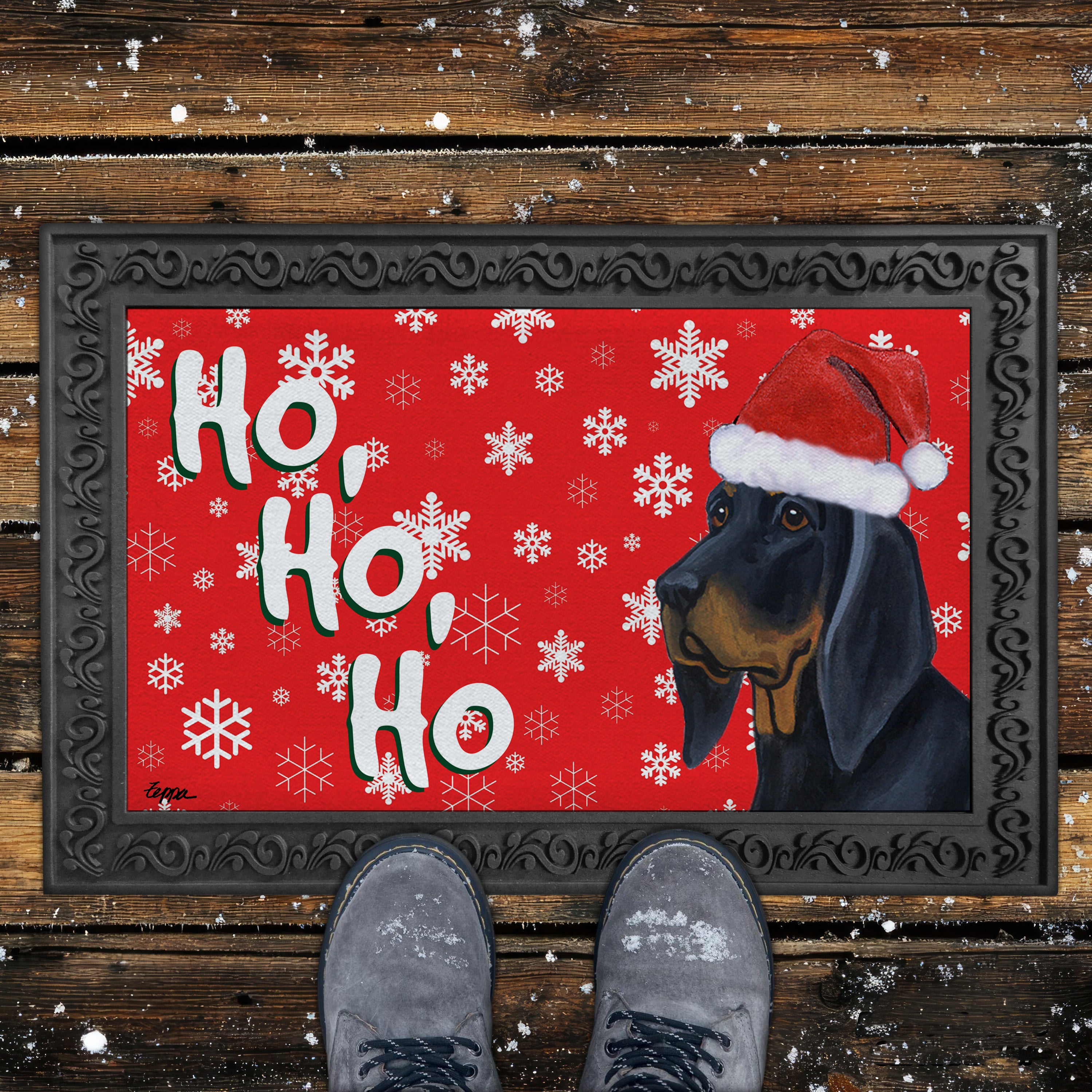 Black and Tan Coonhound Ho Ho Ho Door Mat in Red