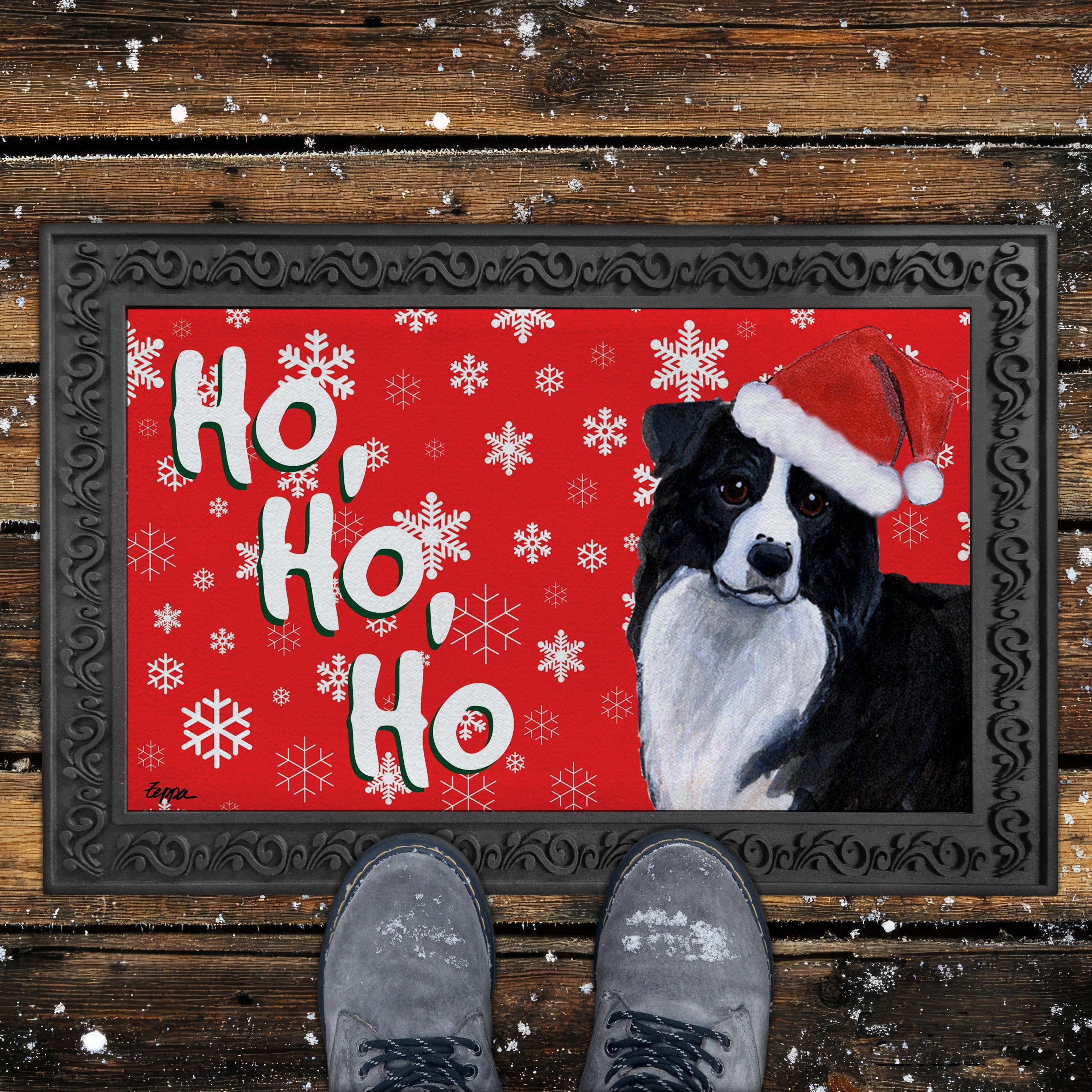 Border Collie Ho Ho Ho Door Mat in Red