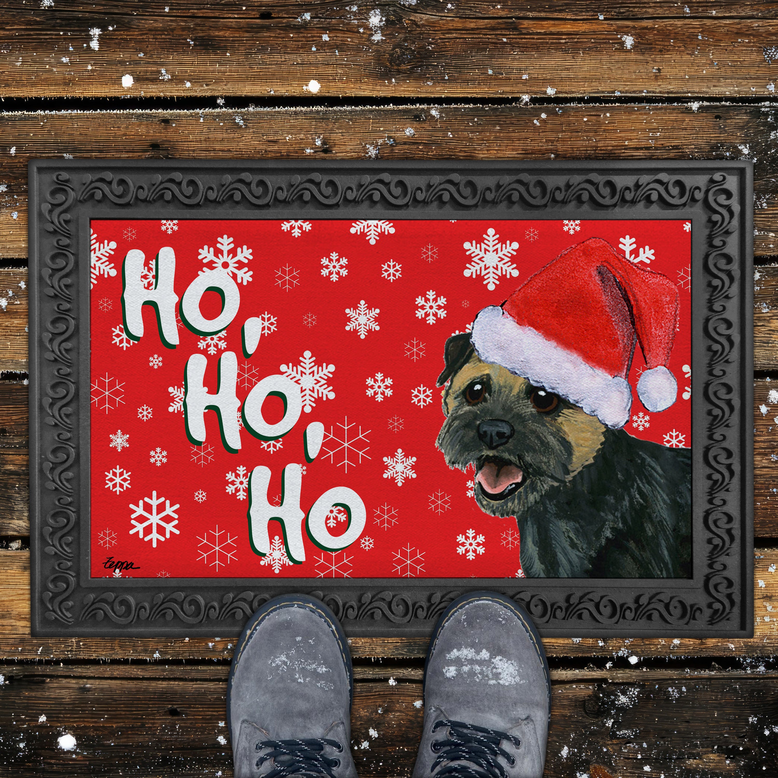 Black and Tan Border Terrier Ho Ho Ho Door Mat in Red