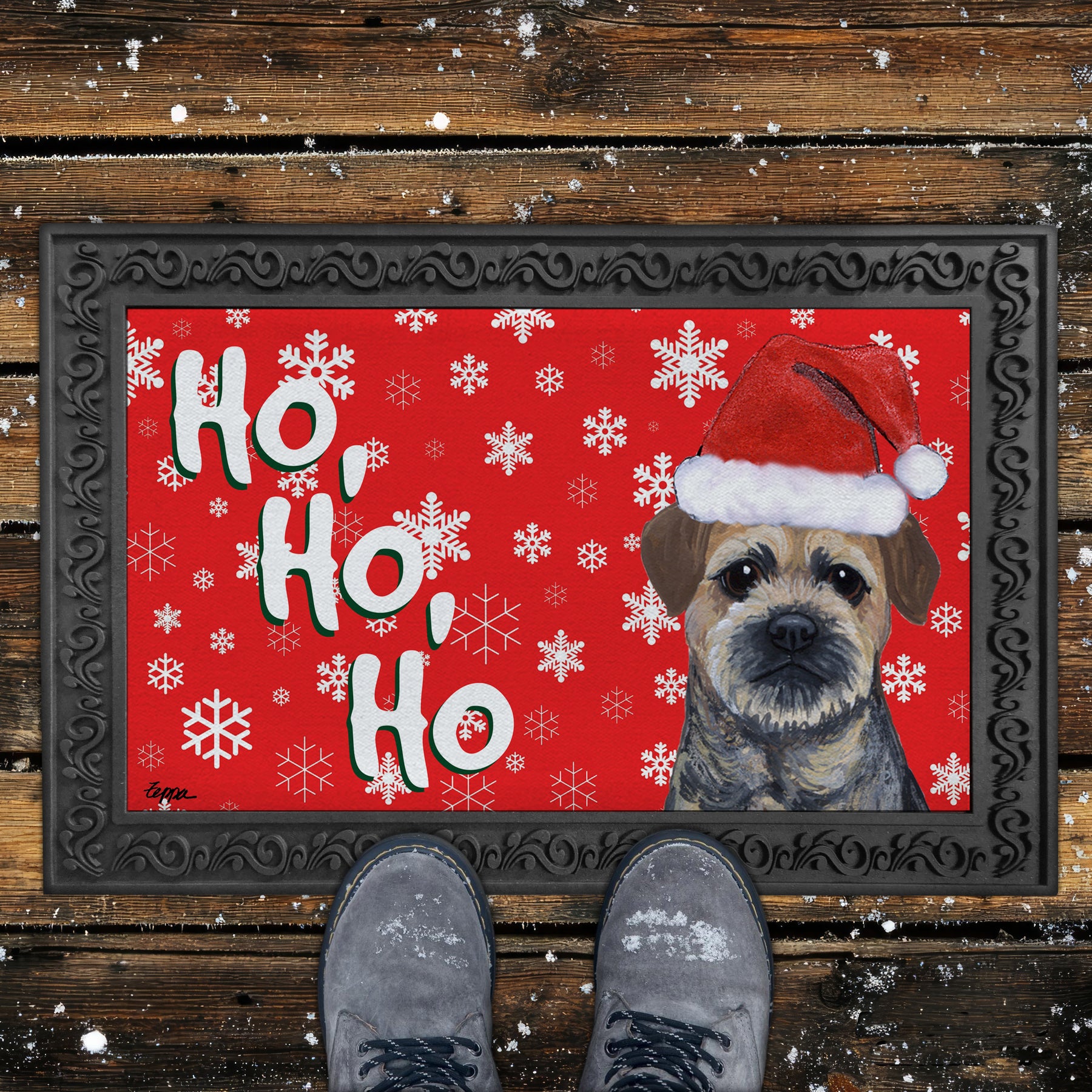 Border Terrier Ho Ho Ho Door Mat in Red