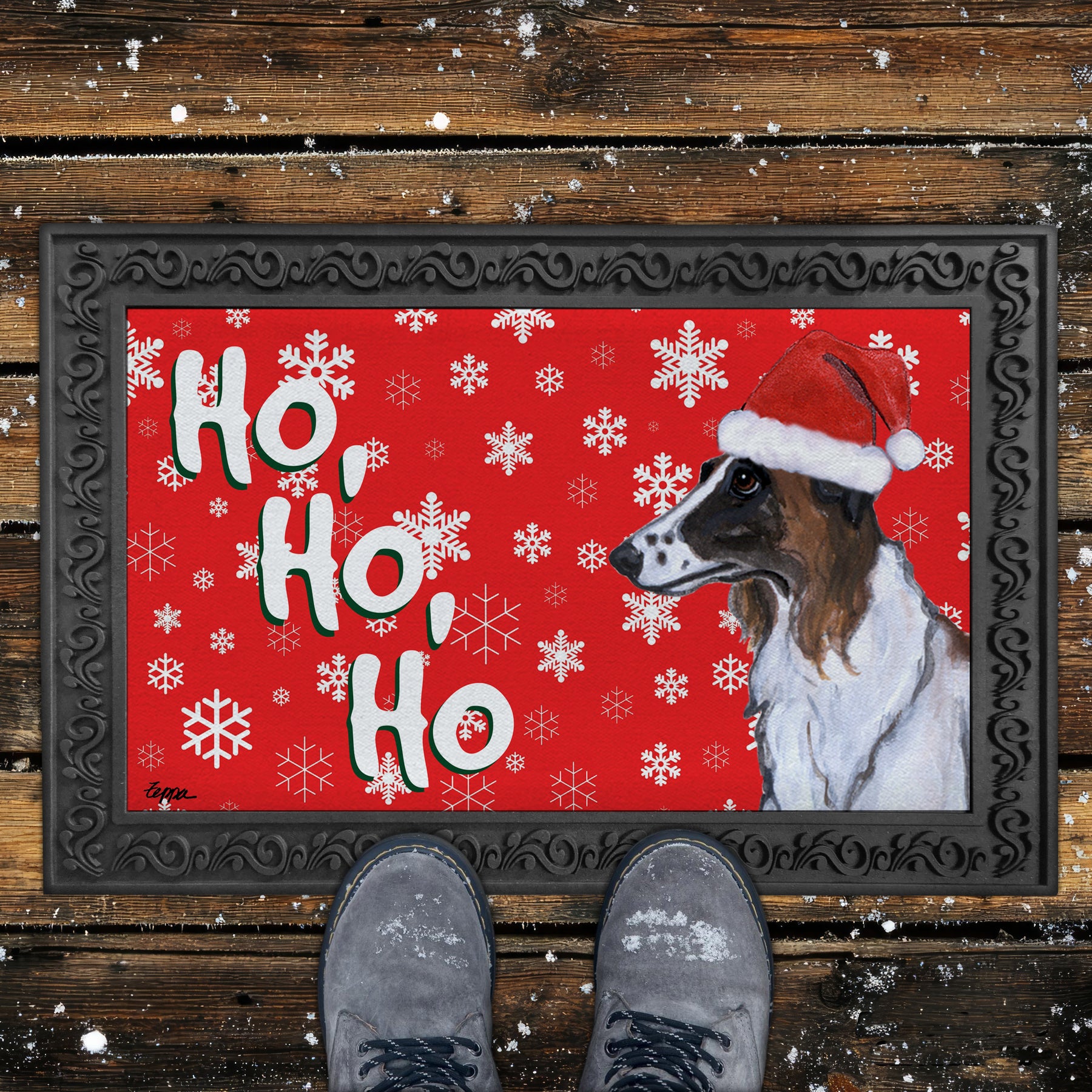 Borzoi Ho Ho Ho Door Mat in Red