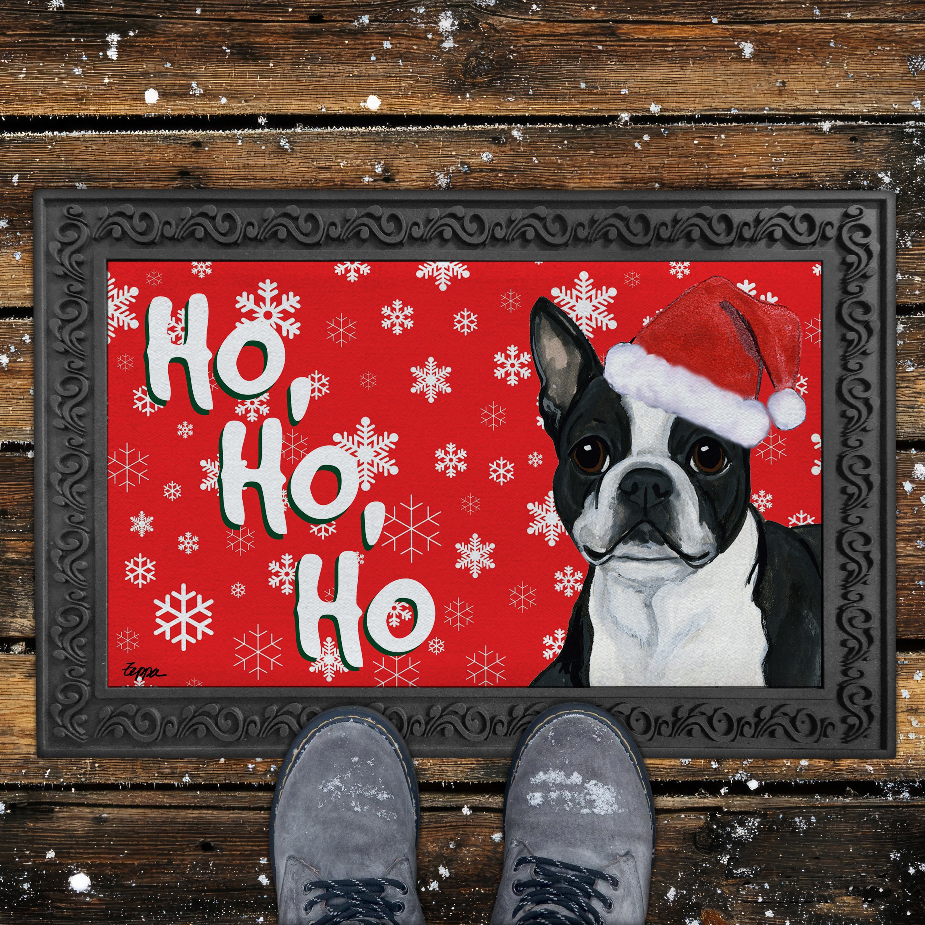 Lying Boston Terrier Ho Ho Ho Door Mat in Red