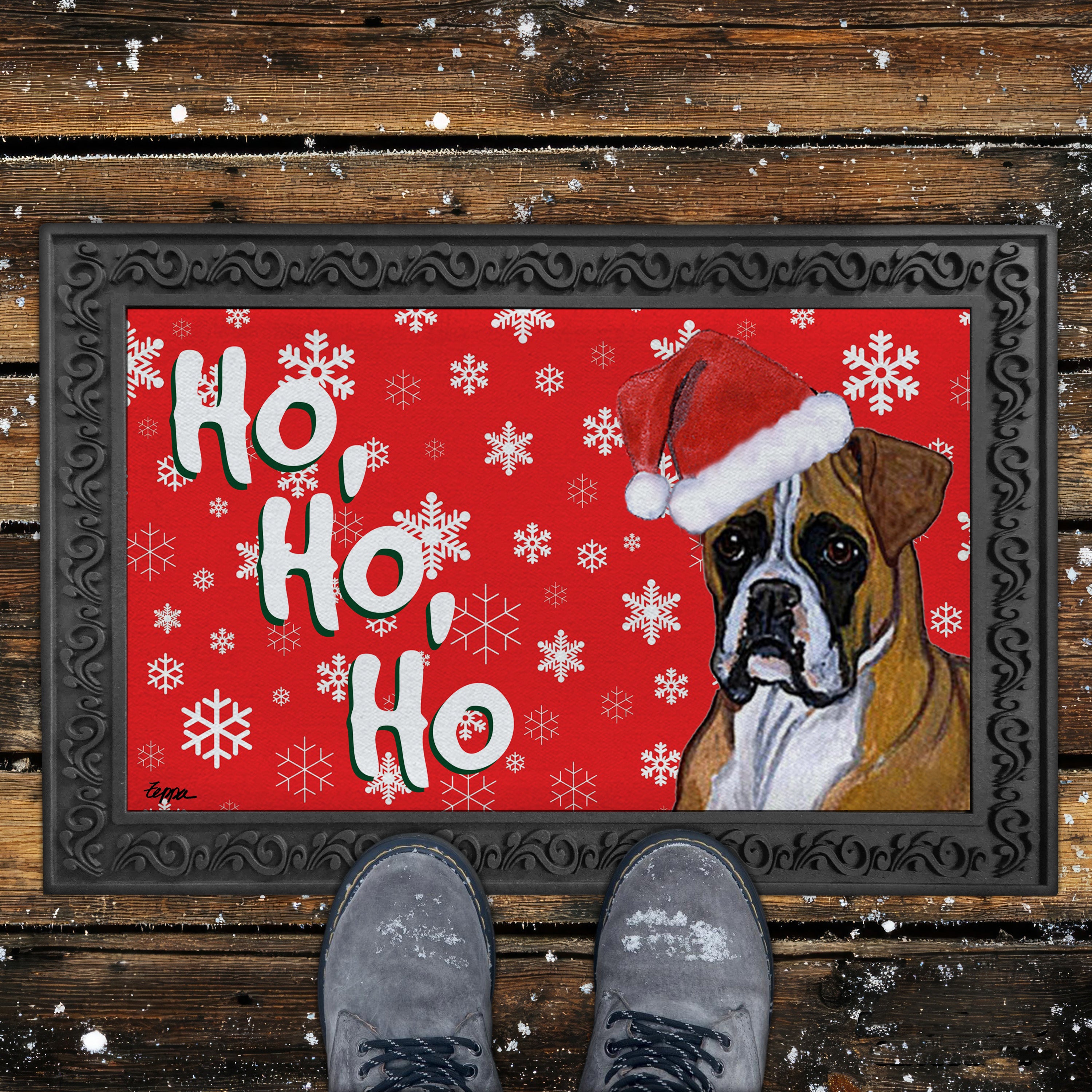 Uncropped Boxer Ho Ho Ho Door Mat in Red