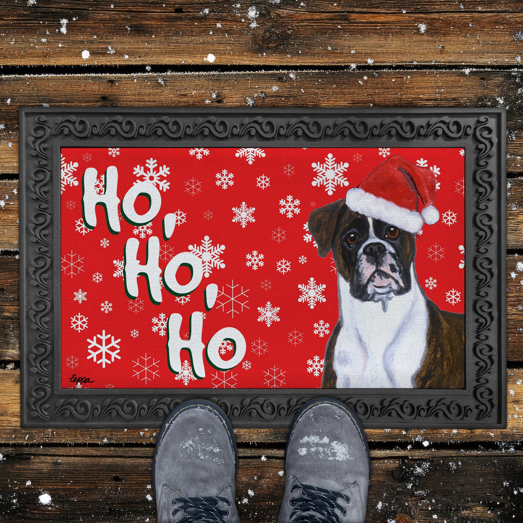 Uncropped Brindle Boxer Ho Ho Ho Door Mat in Red