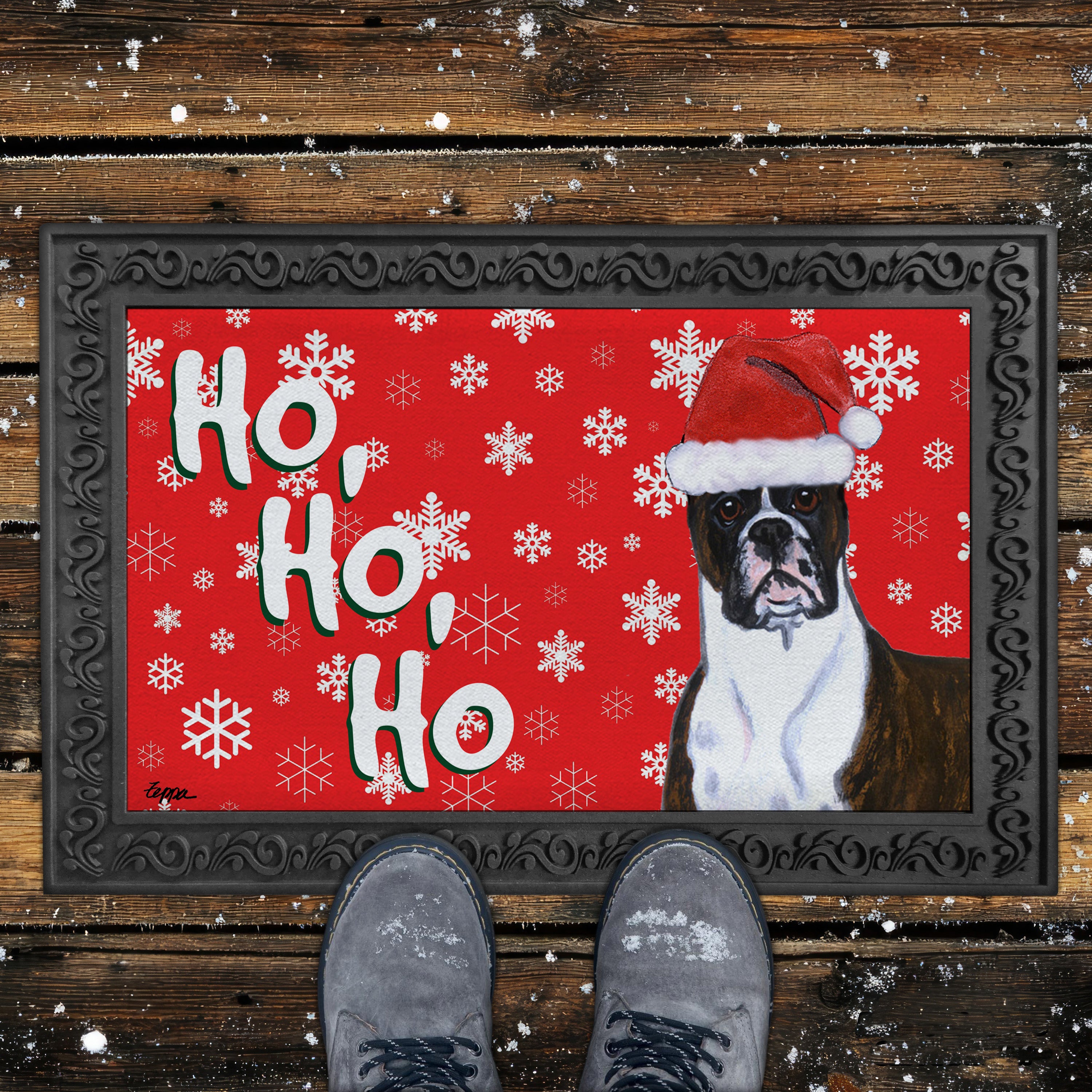 Brindle Boxer Ho Ho Ho Door Mat in Red