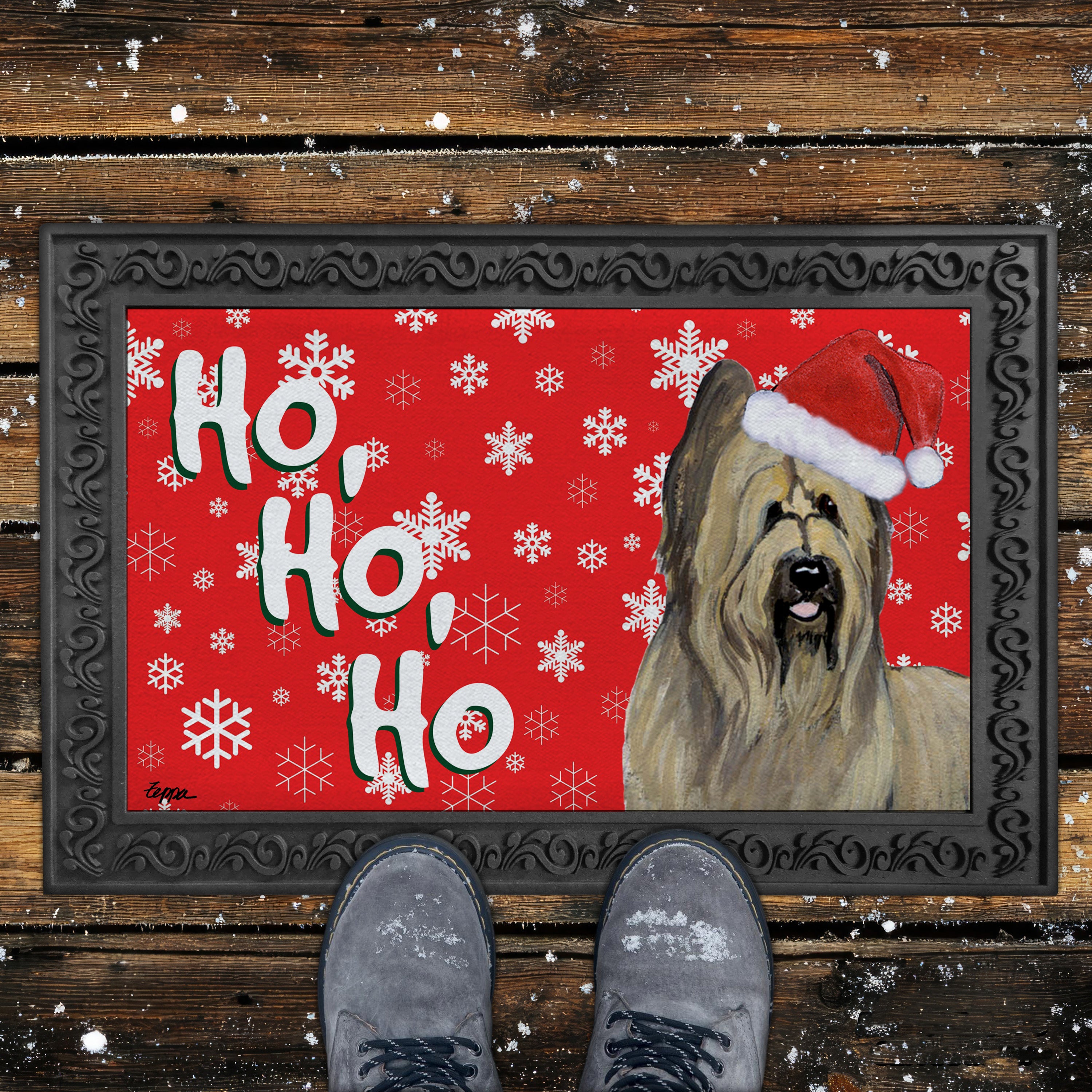 Briard Ho Ho Ho Door Mat in Red
