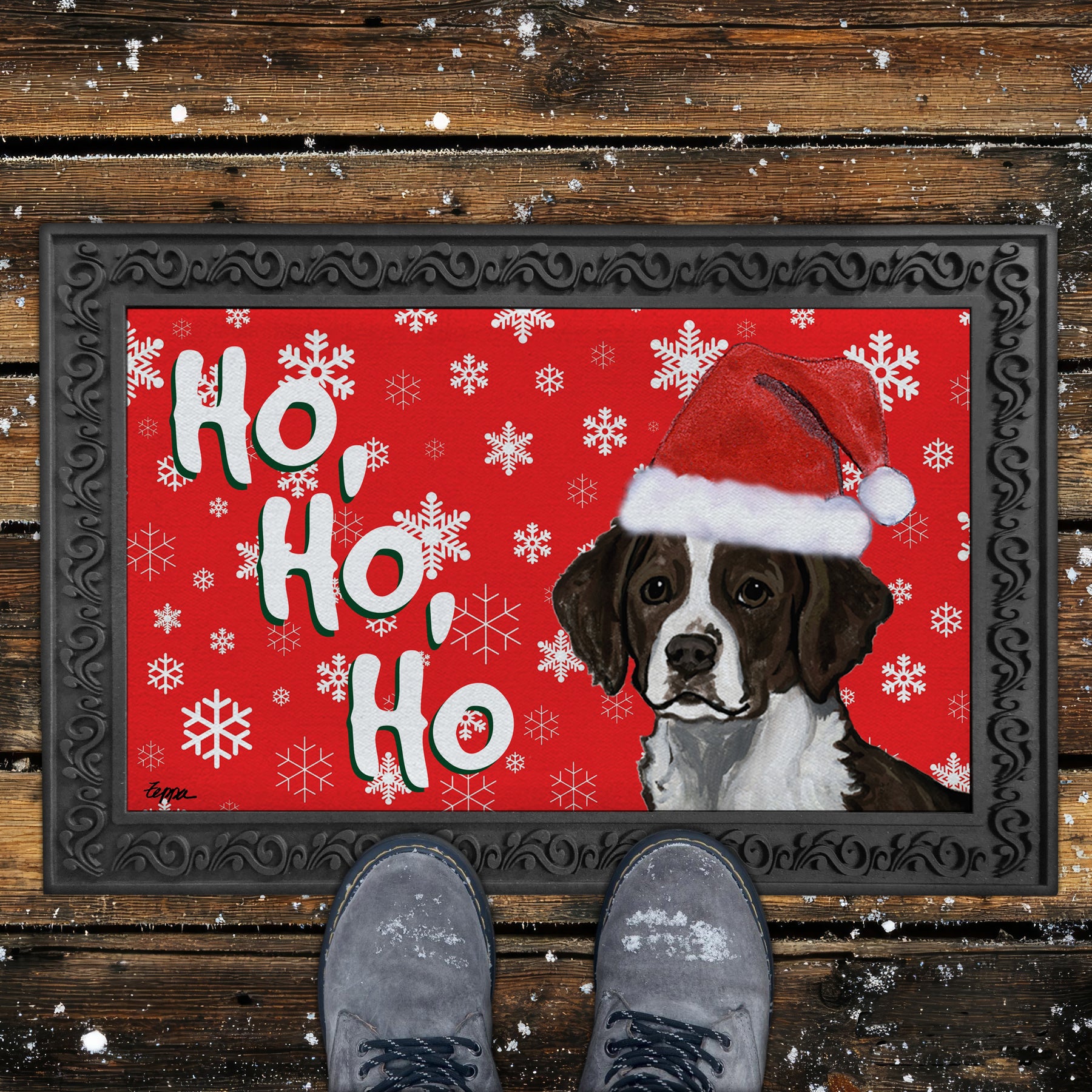 Liver and White Brittany Ho Ho Ho Door Mat in Red