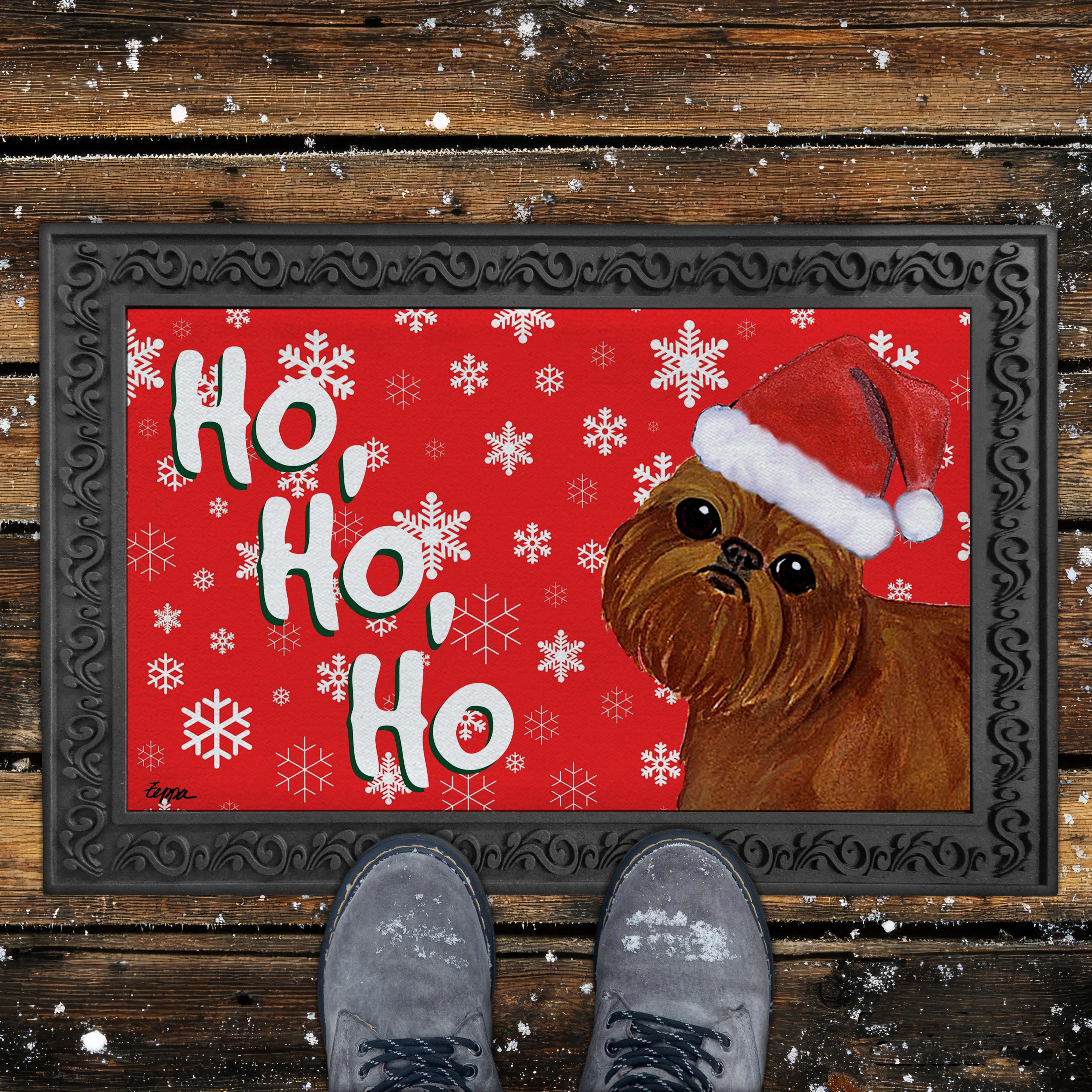 Brussels Griffon Ho Ho Ho Door Mat in Red