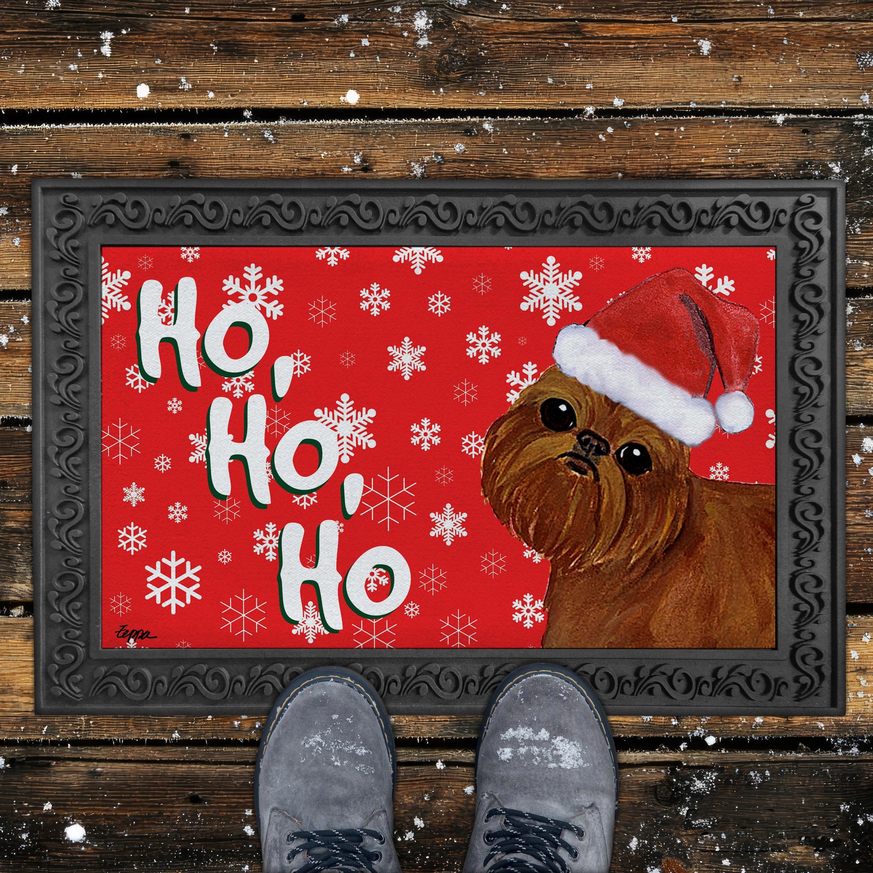 Brussels Griffon Ho Ho Ho Door Mat in Red