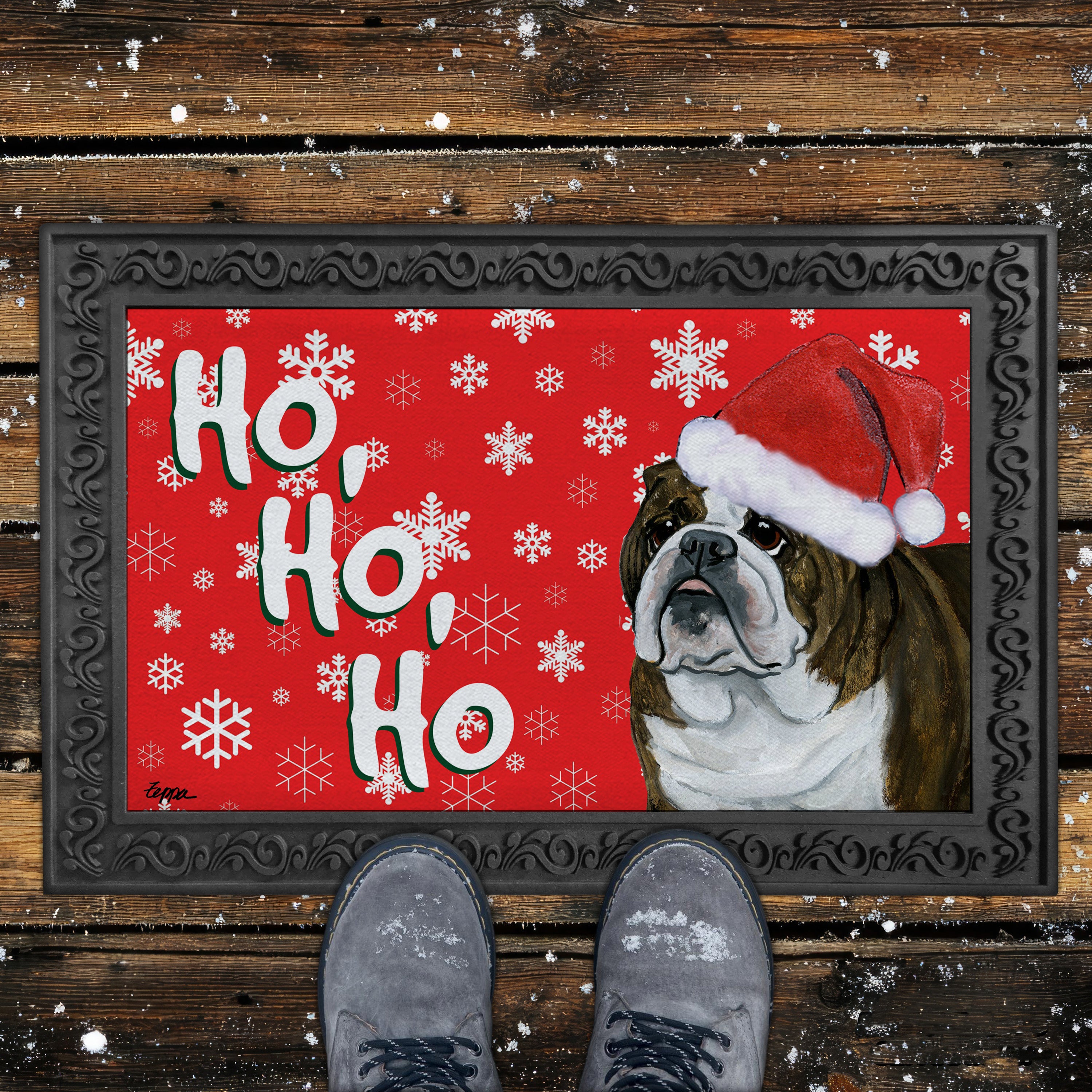 Bulldog Ho Ho Ho Door Mat in Red