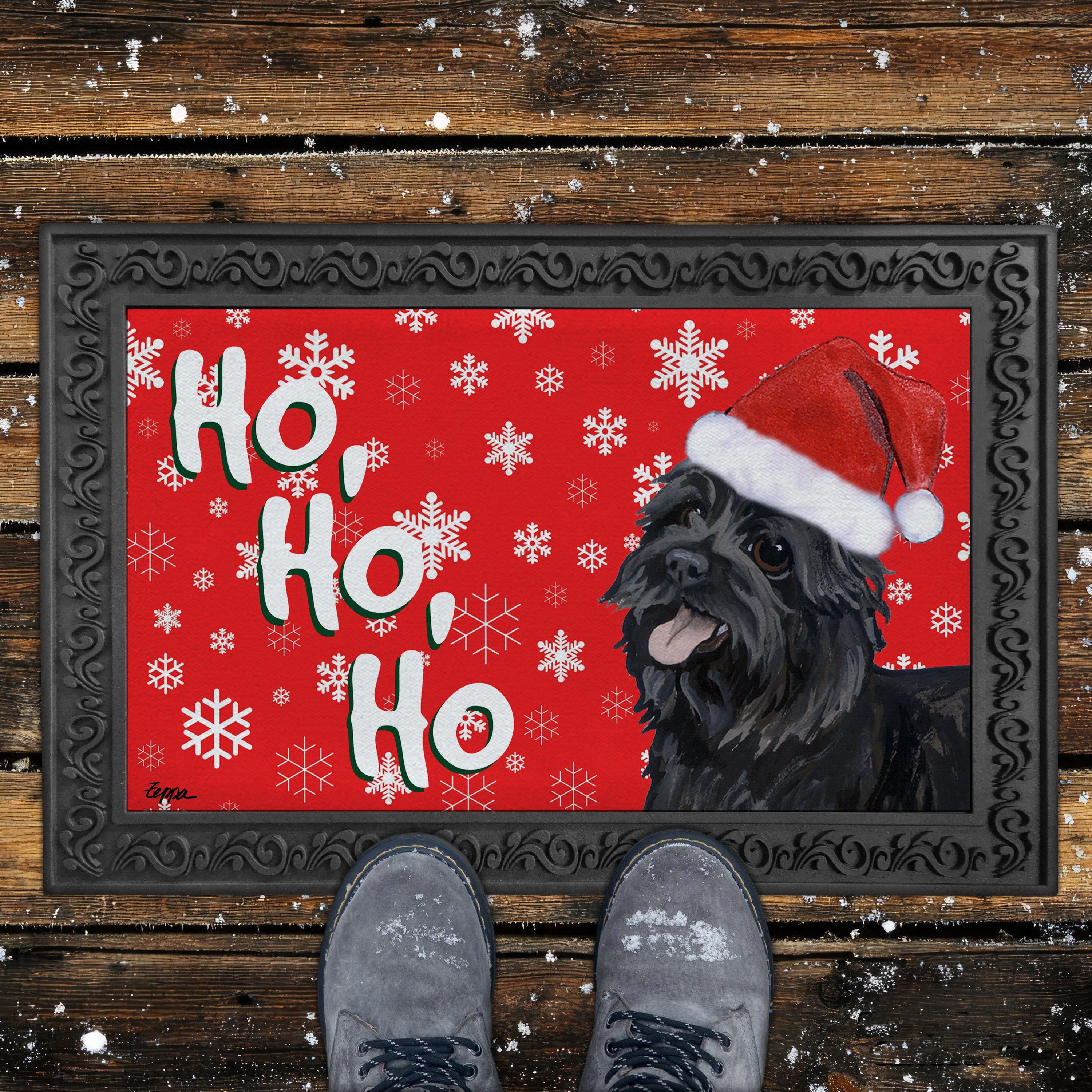 Black Cairn Terrier Ho Ho Ho Door Mat In Red