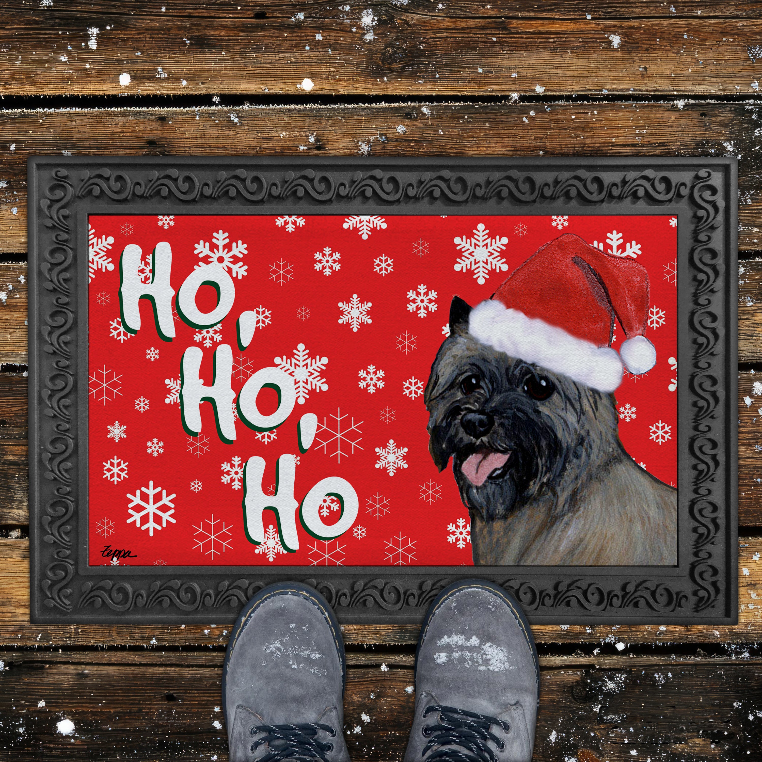 Cairn Terrier Ho Ho Ho Door Mat in Red