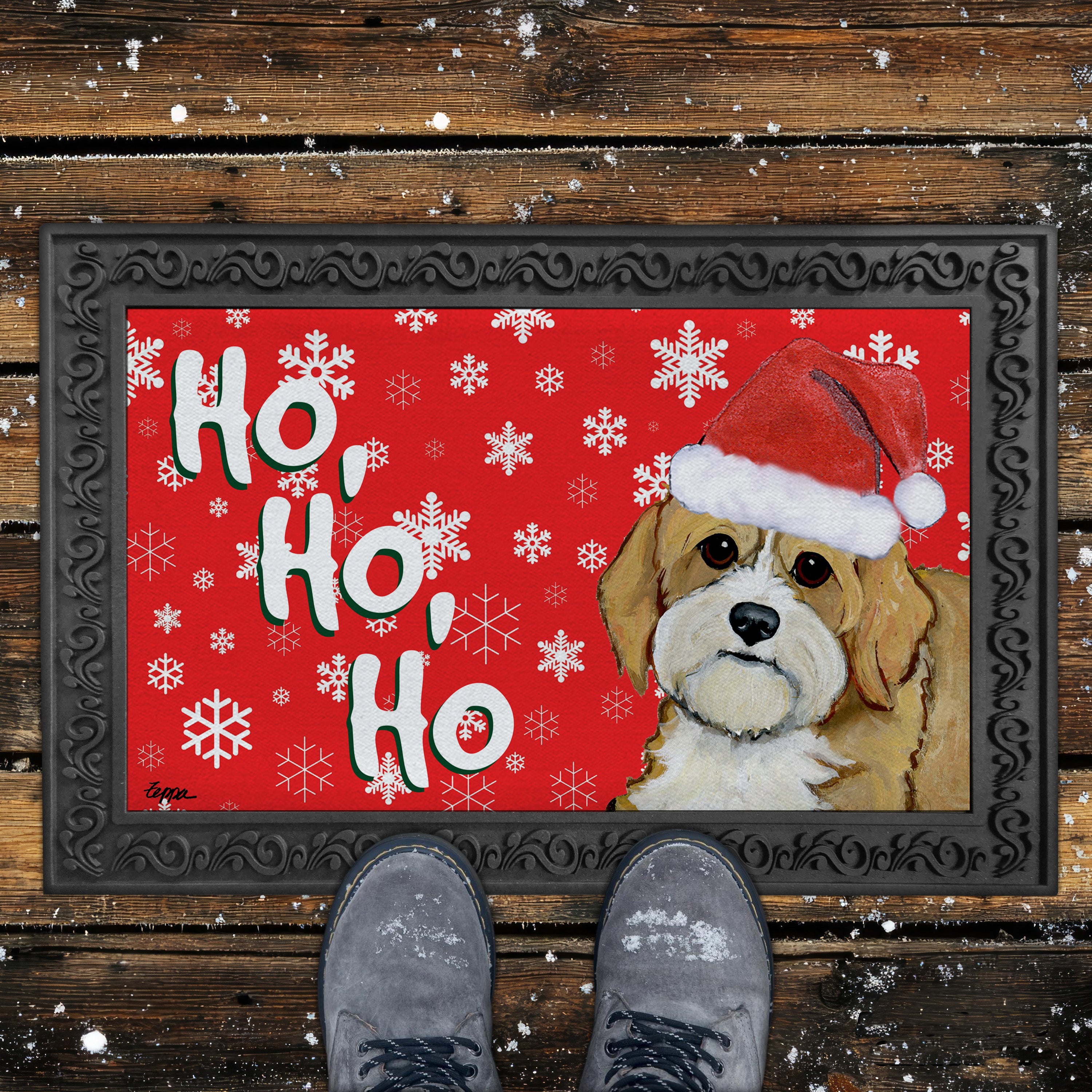 Cavapoo Ho Ho Ho Door Mat in Red