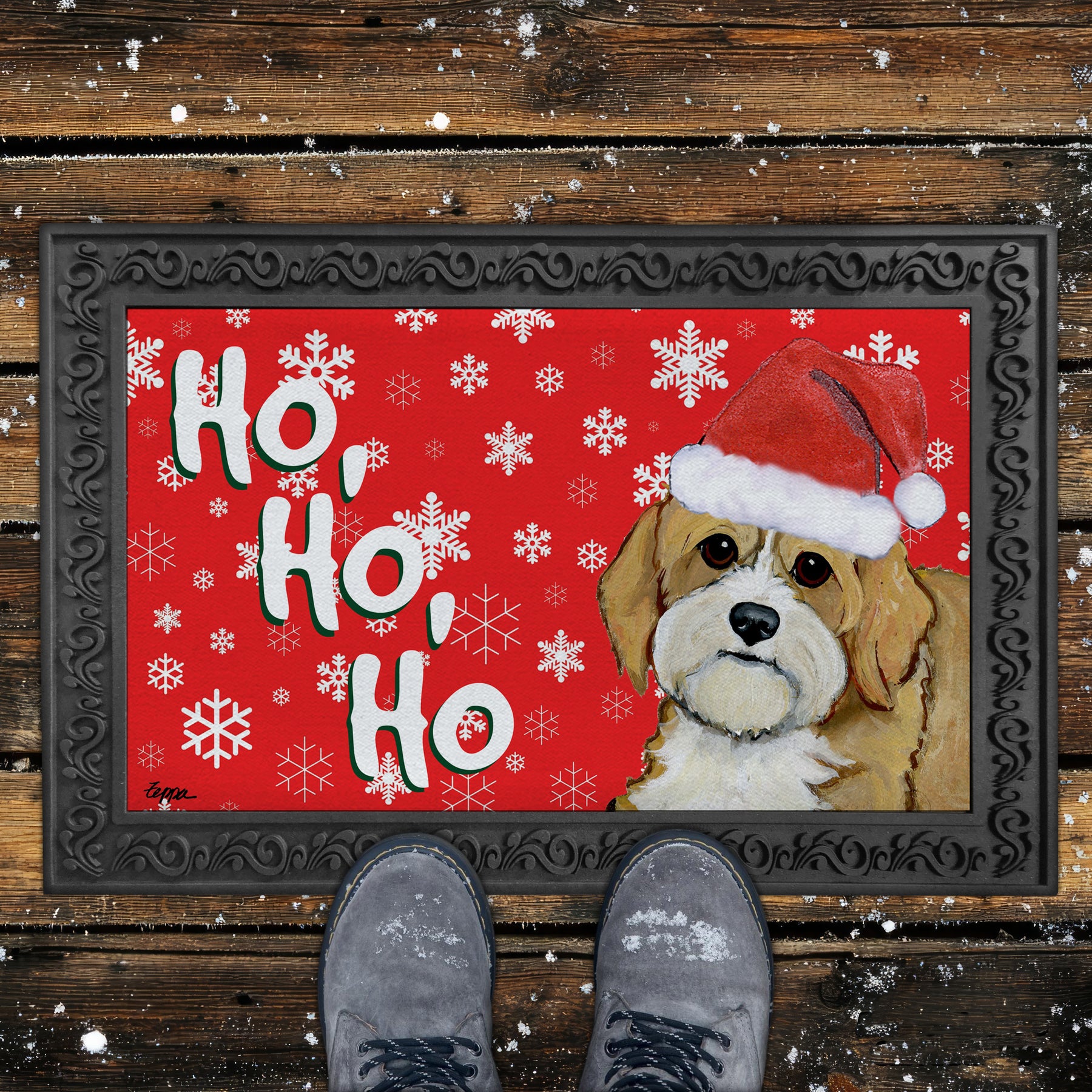 Cavapoo Ho Ho Ho Door Mat in Red