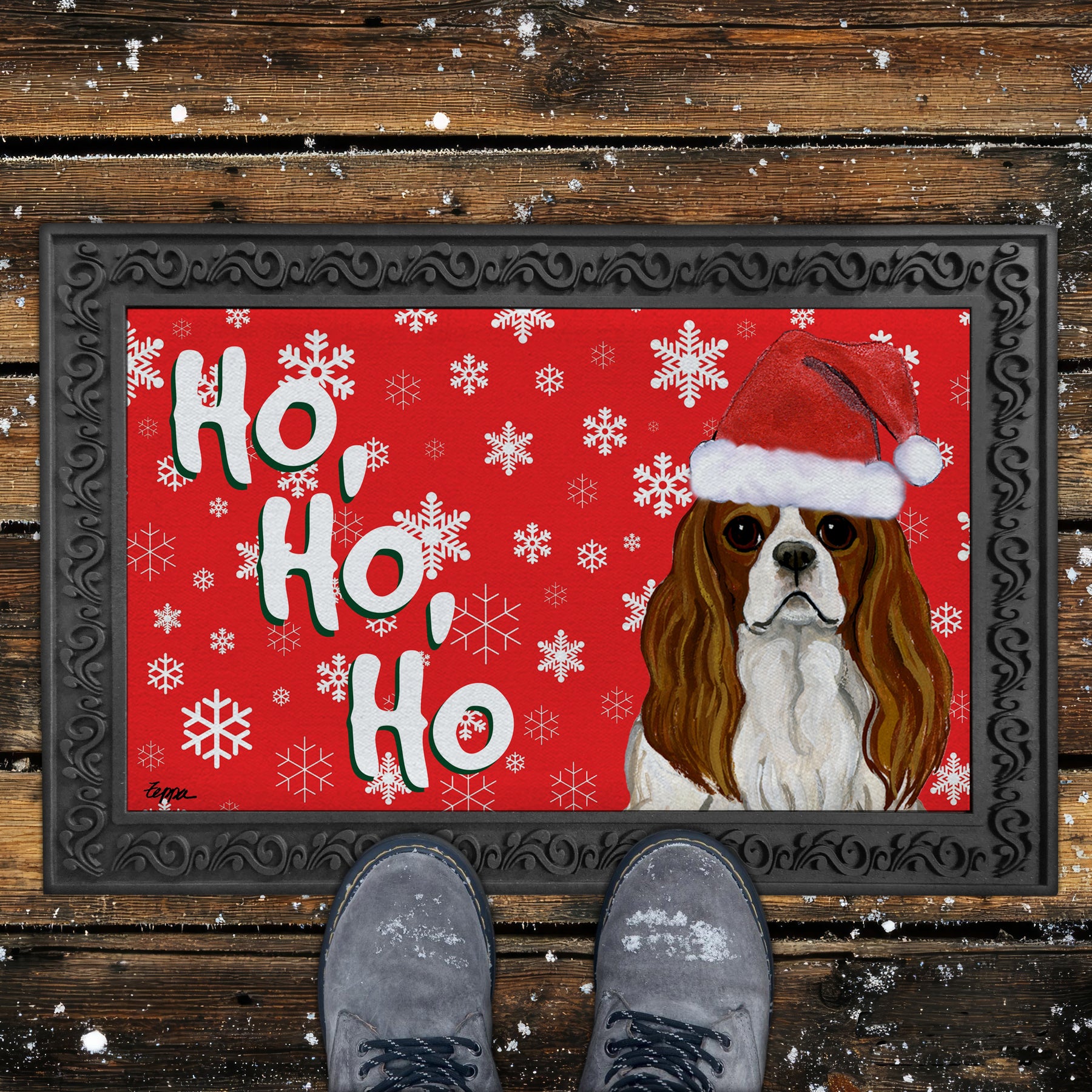 Cavalier King Charles Spaniel Ho Ho Ho Door Mat in Red