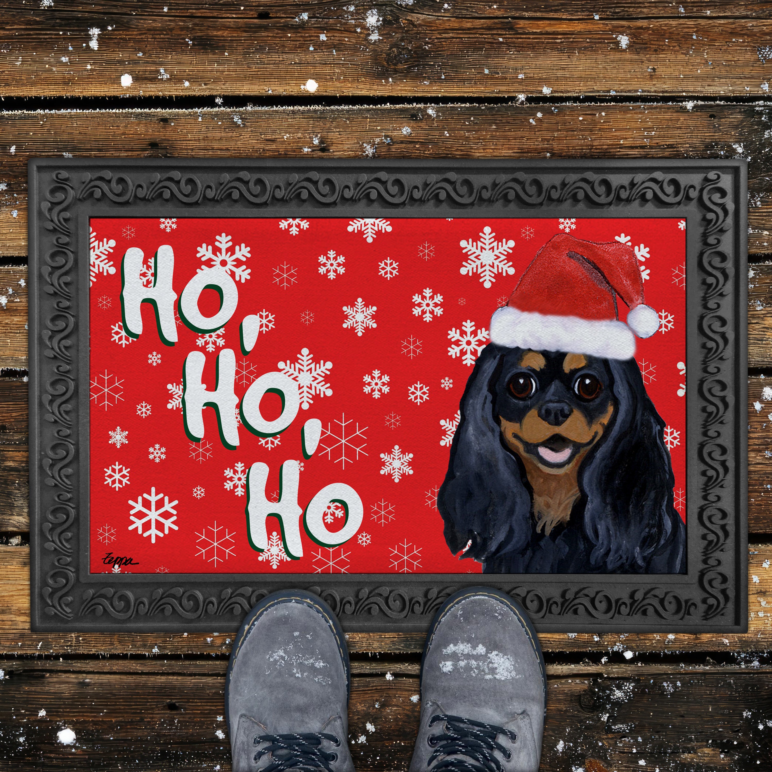 Black and Tan Cavalier King Charles Spaniel Ho Ho Ho Door Mat in Red