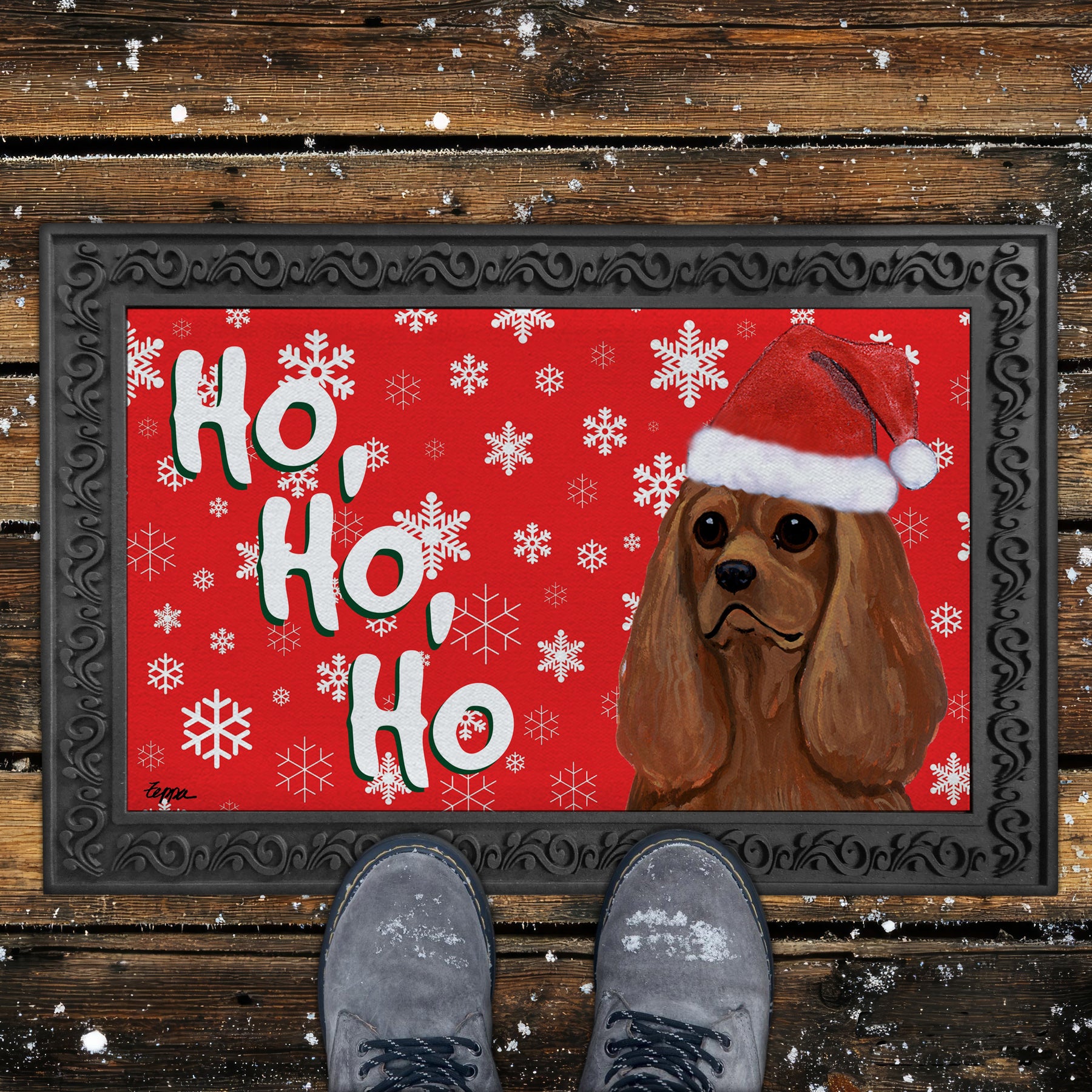 Ruby Cavalier King Charles Spaniel Ho Ho Ho Door Mat in Red