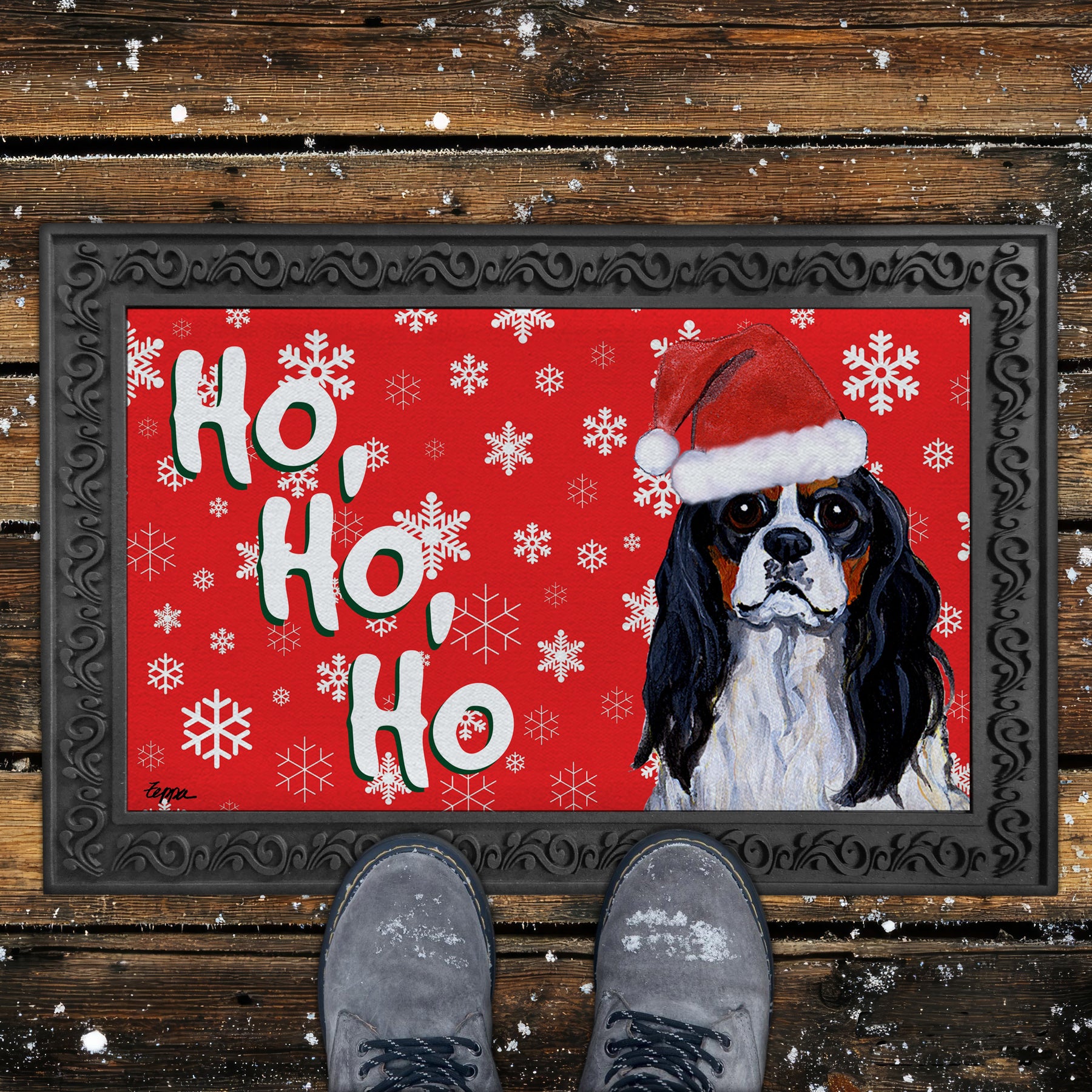 Tri Cavalier King Charles Spaniel Ho Ho Ho Door Mat in Red