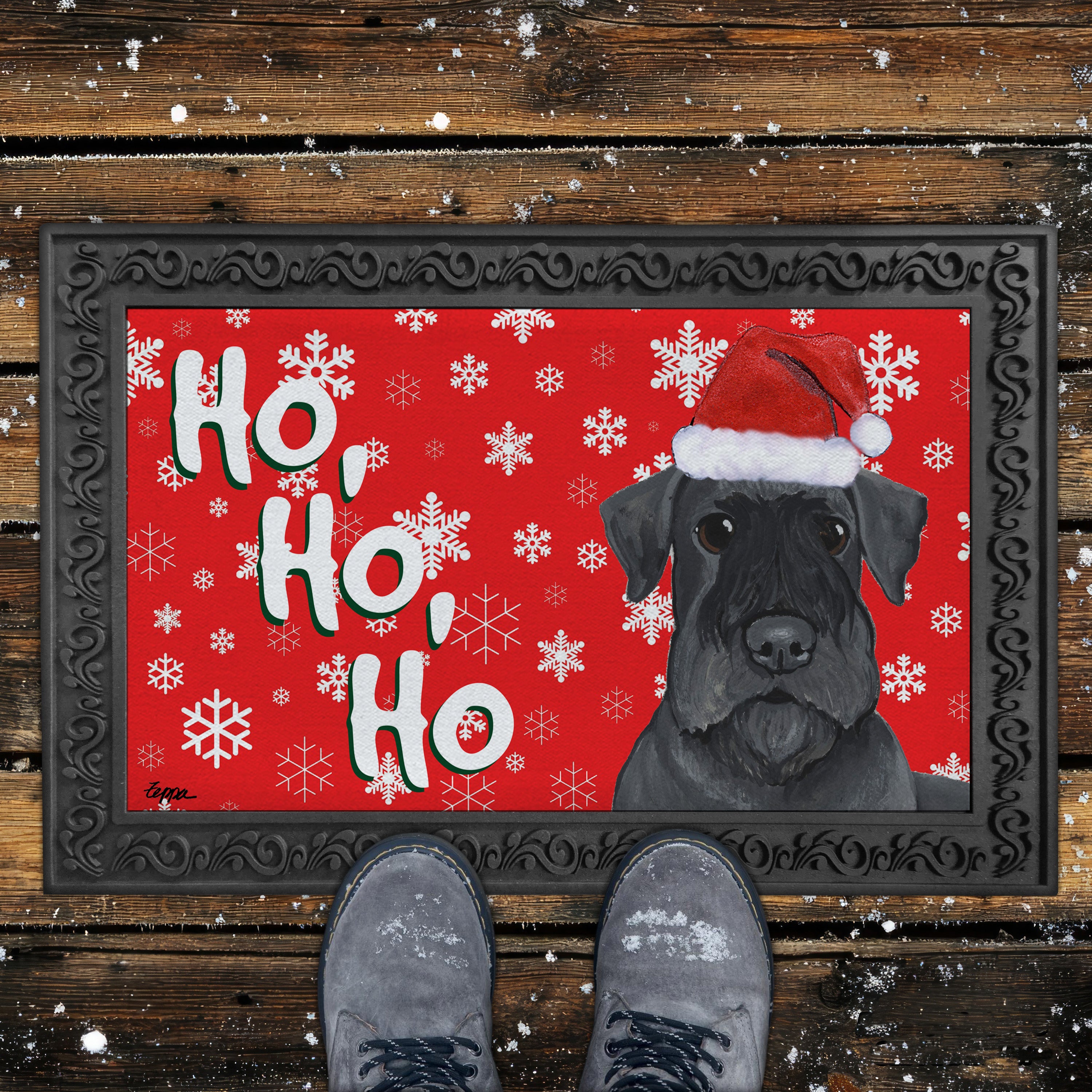 Cesky Terrier Ho Ho Ho Door Mat in Red