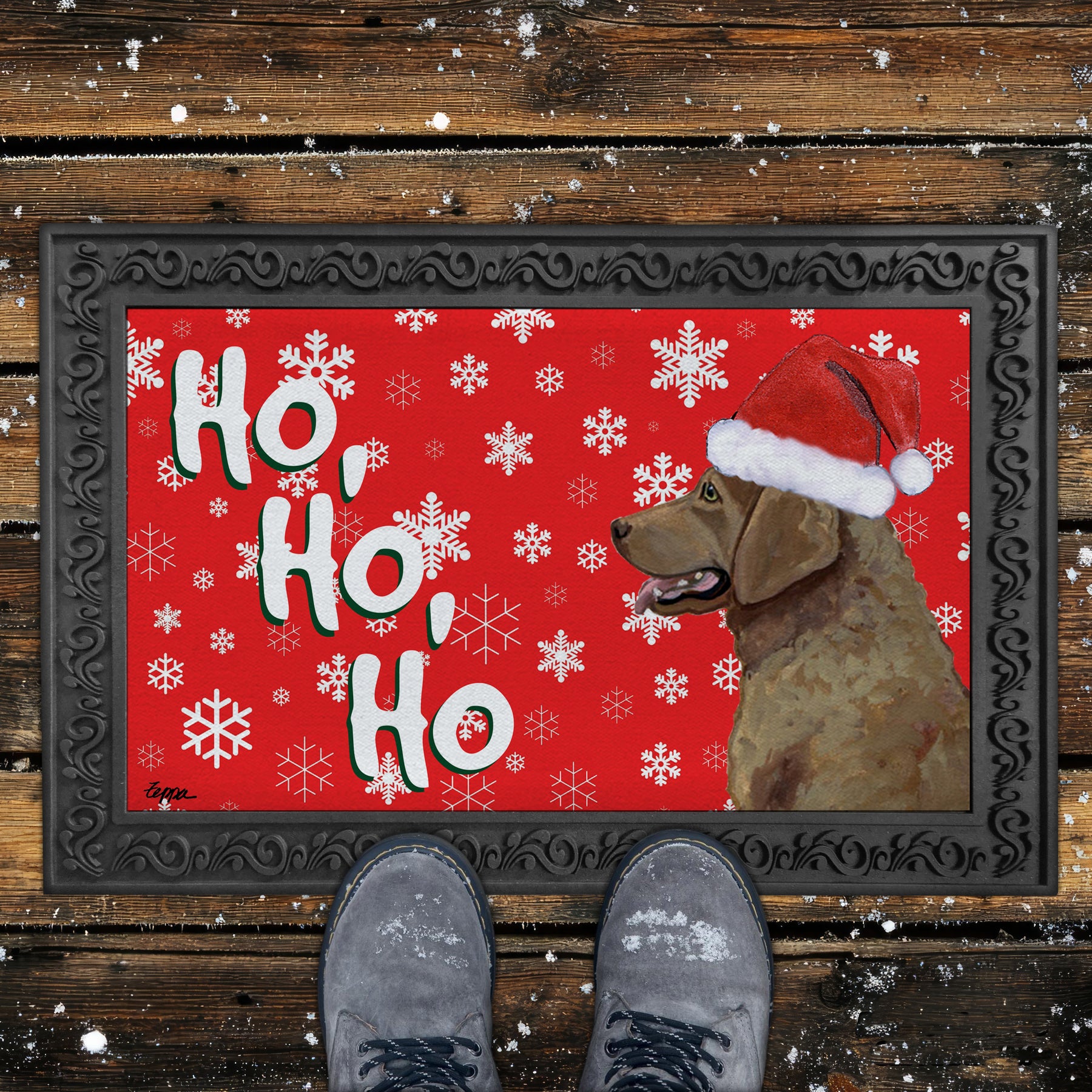 Chesapeake Bay Retriever Ho Ho Ho Door Mat in Red