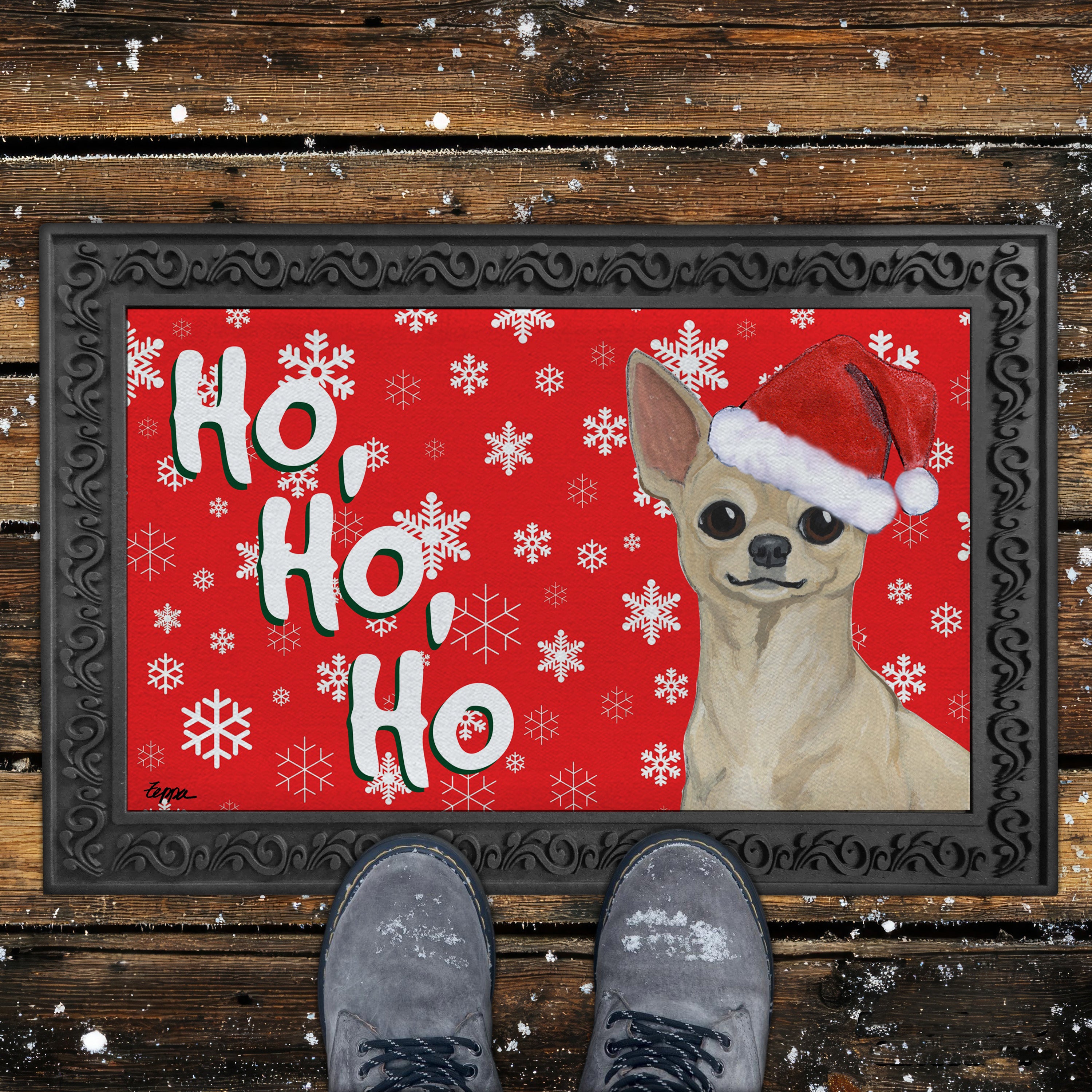 Blonde Chihuahua Ho Ho Ho Door Mat in Red