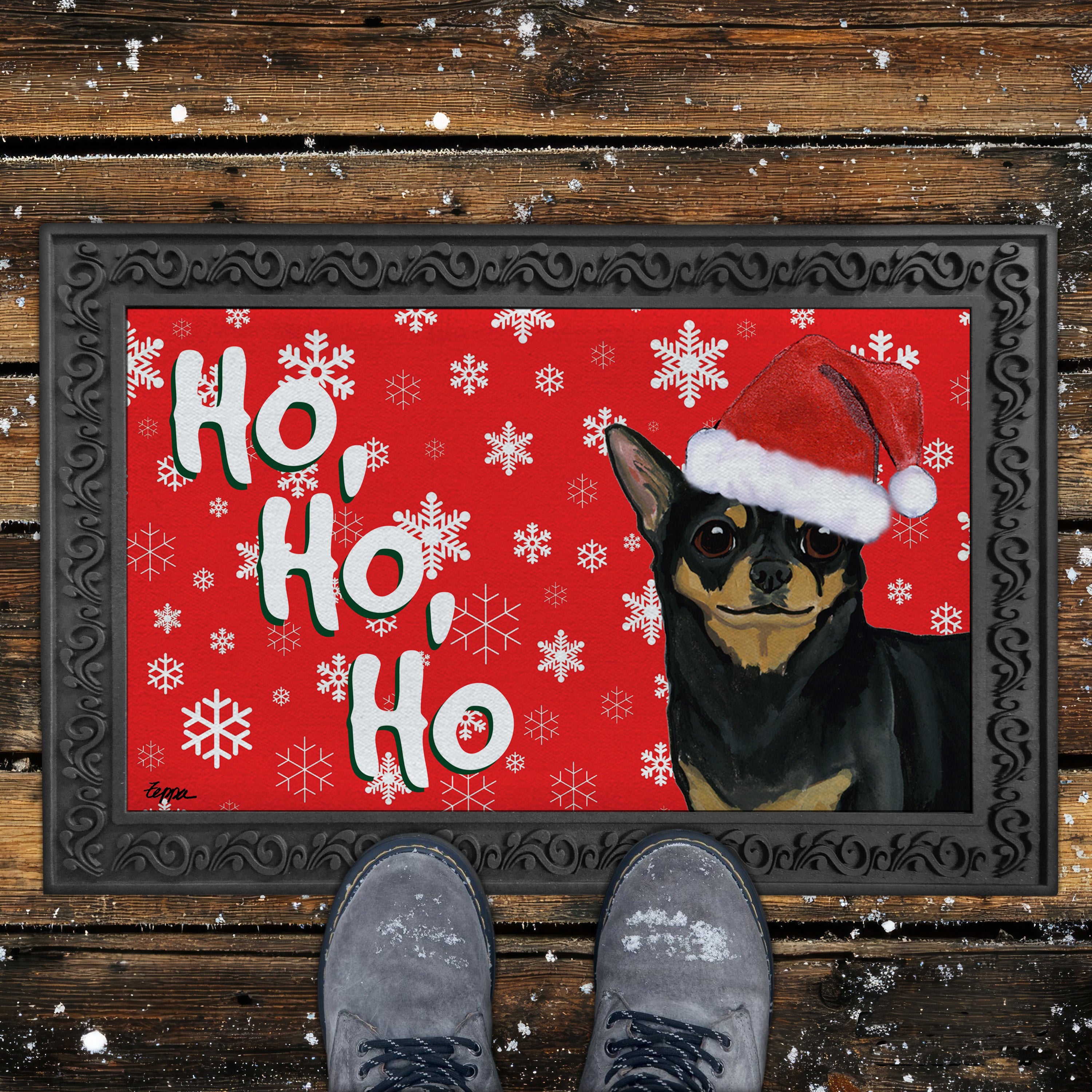 Black and Tan Chihuahua Ho Ho Ho Door Mat in Red