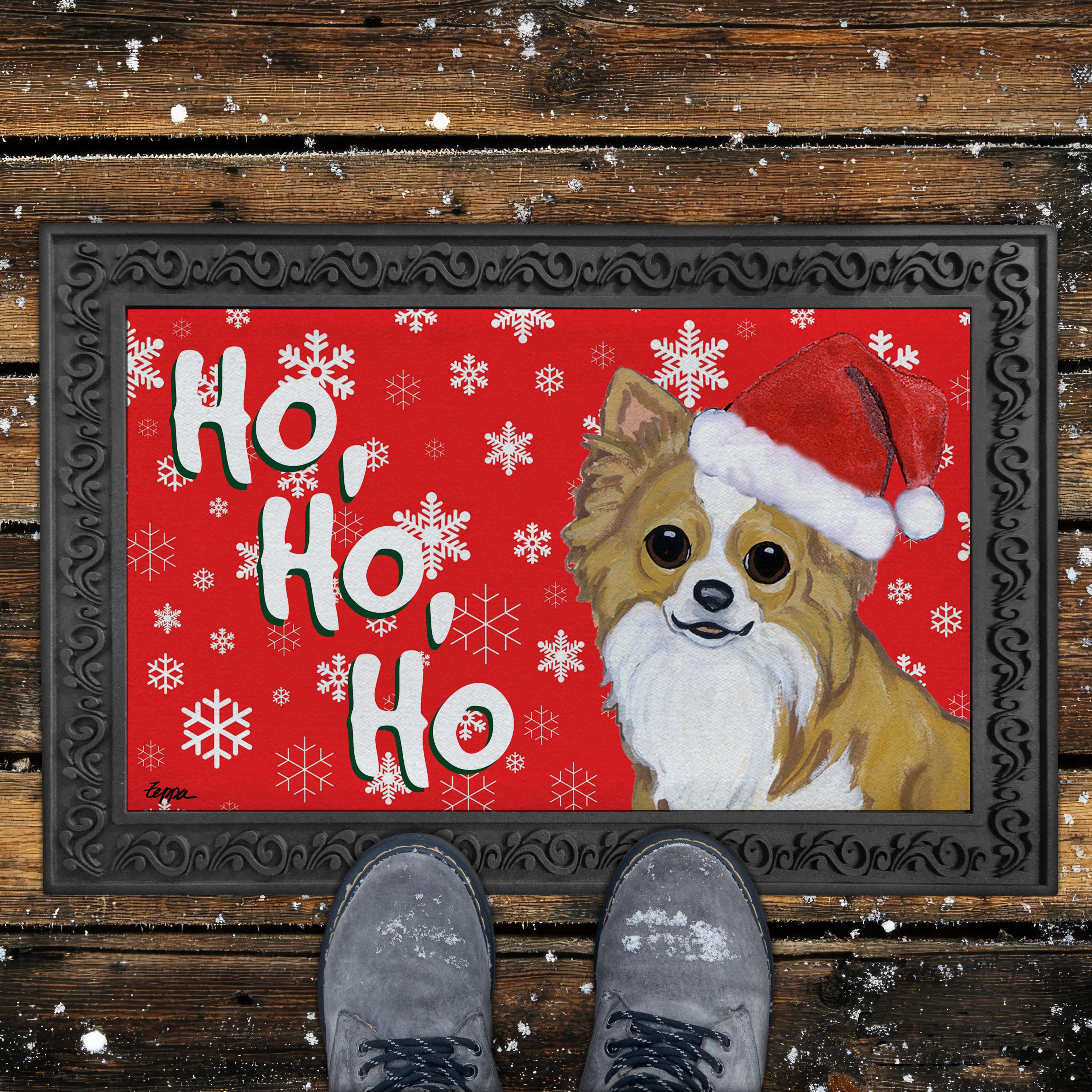Longhaired Chihuahua Ho Ho Ho Door Mat in Red