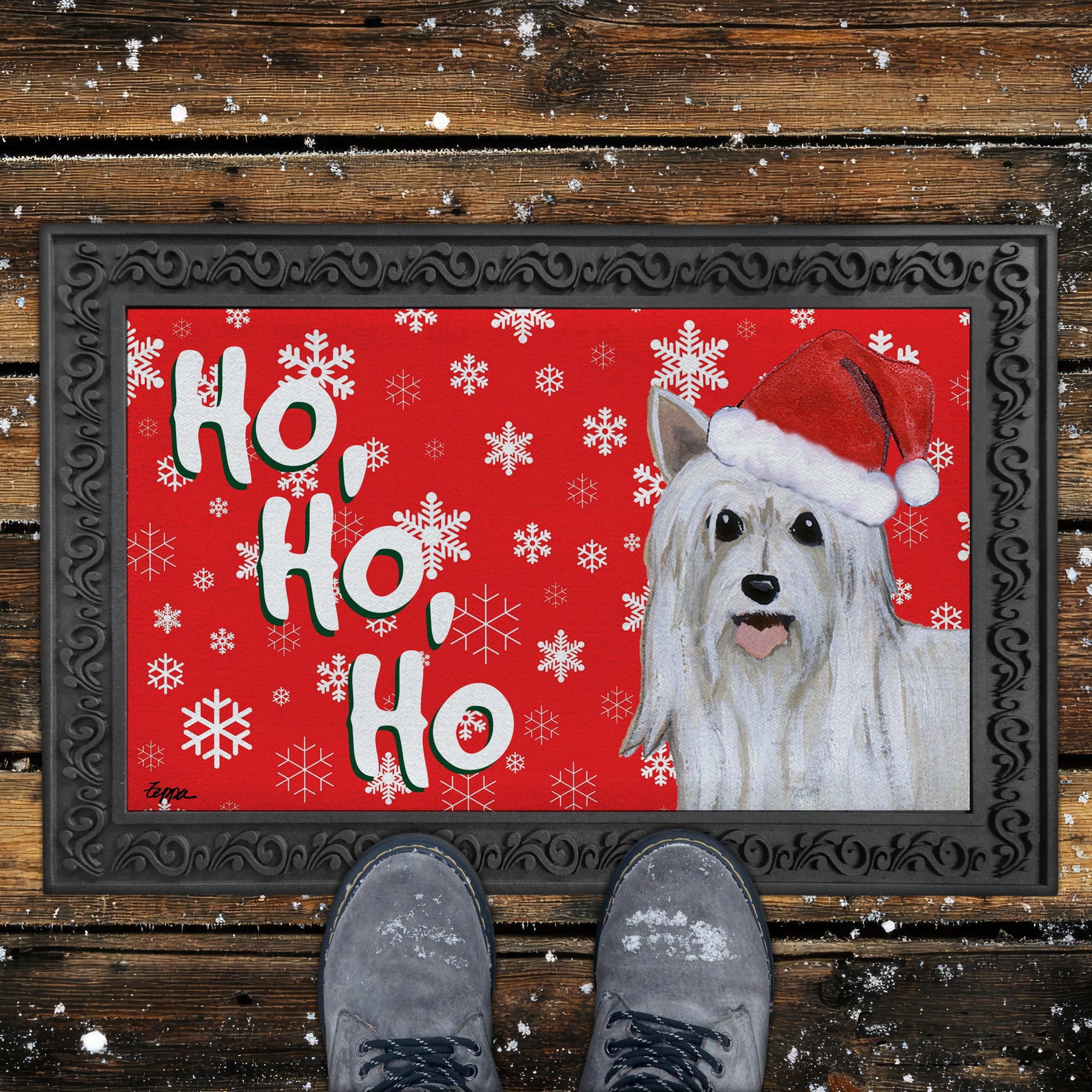 Powderpuff Chinese Crested Ho Ho Ho Door Mat in Red
