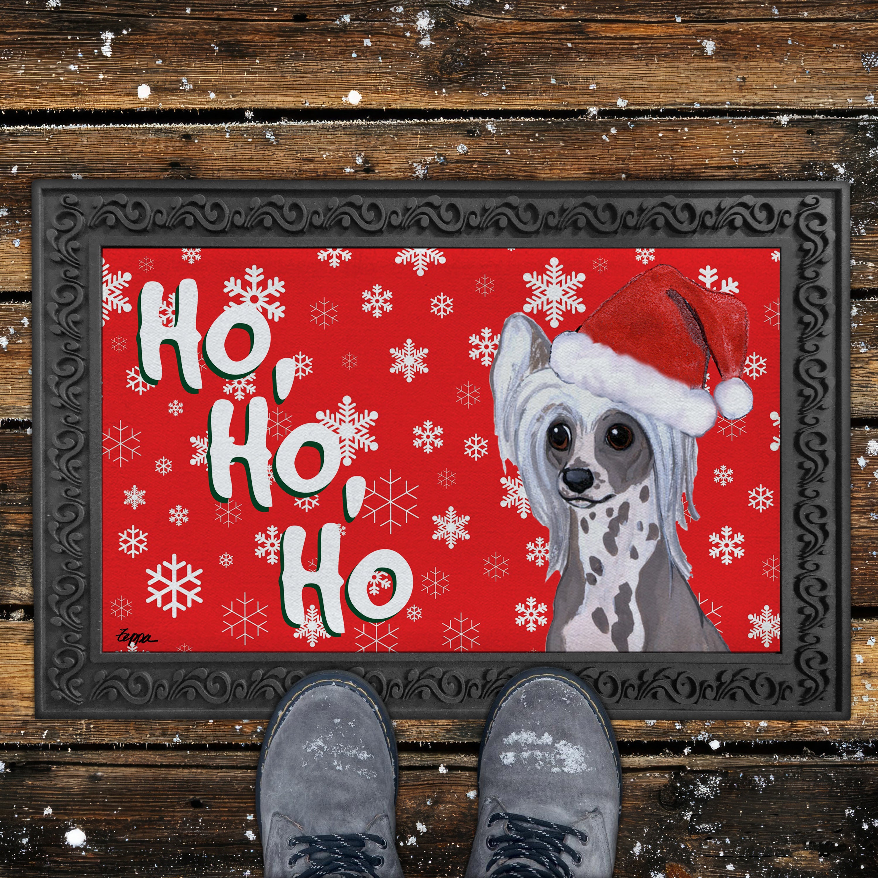 Chinese Crested Ho Ho Ho Door Mat in Red