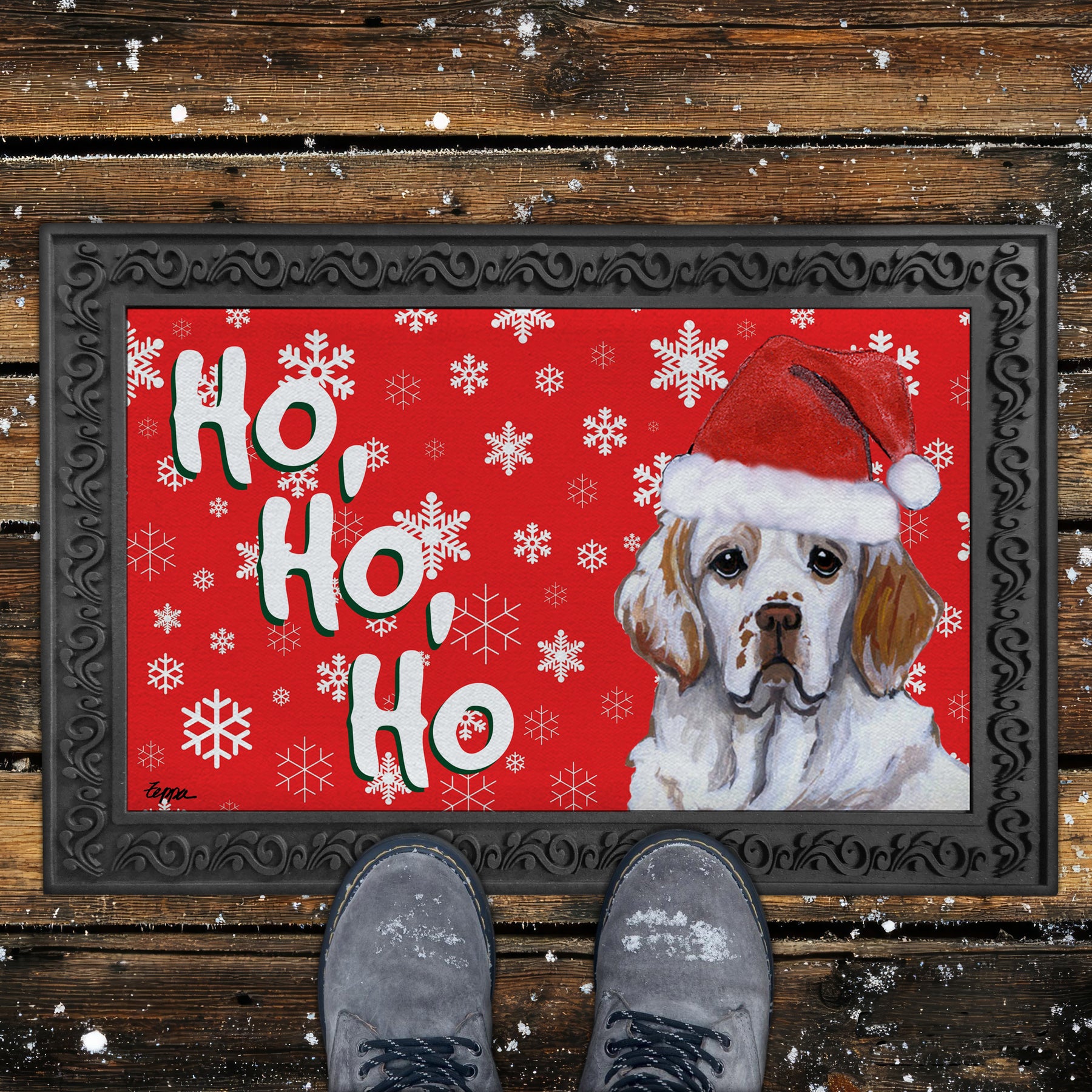 Clumber Spaniel Ho Ho Ho Door Mat in Red