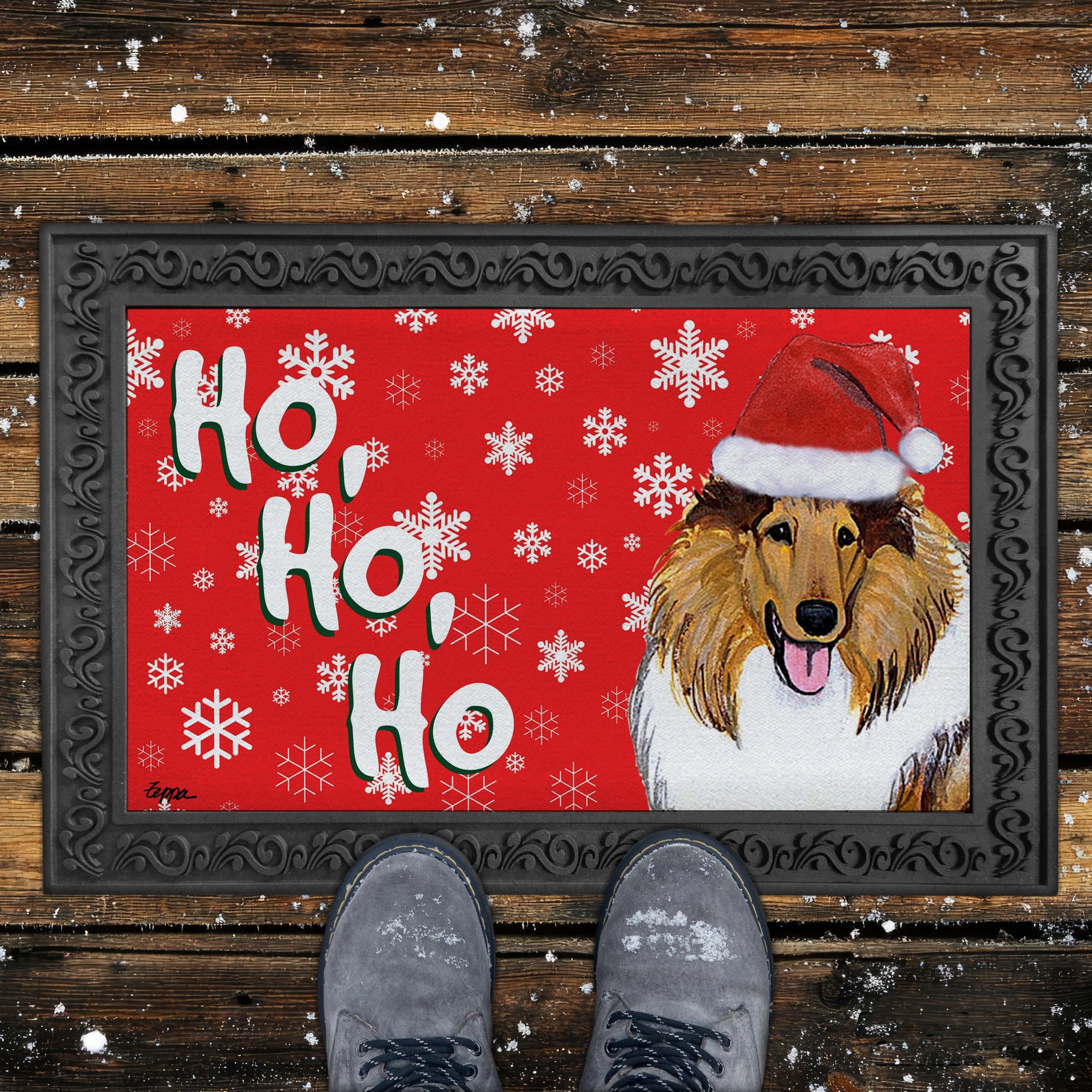 Collie Ho Ho Ho Door Mat in Red