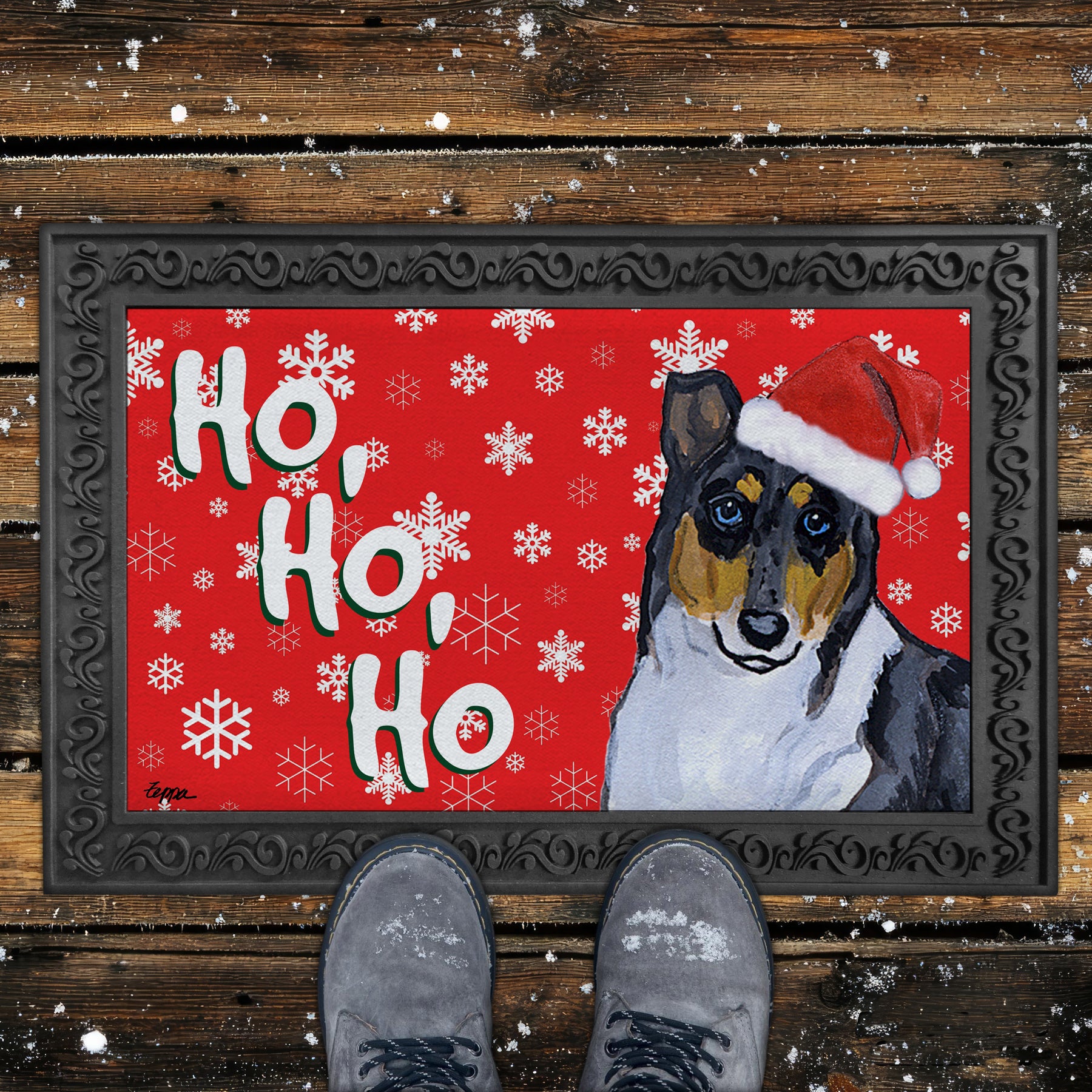 Smooth Collie Ho Ho Ho Door Mat in Red