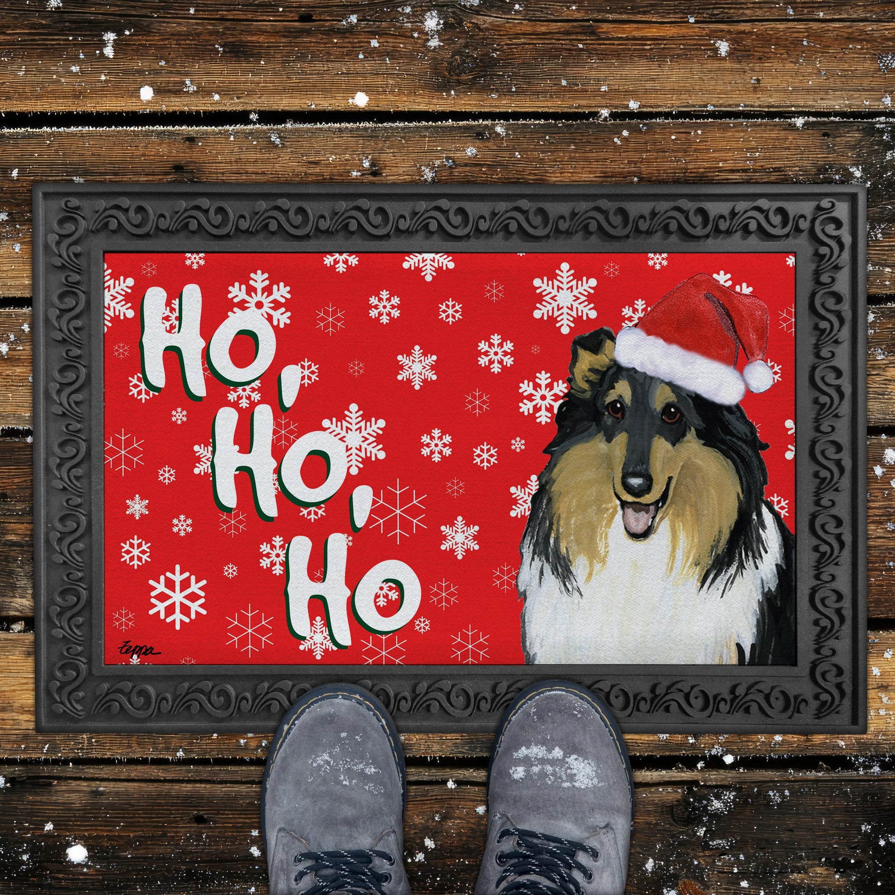 Tri Color Collie Ho Ho Ho Door Mat in Red