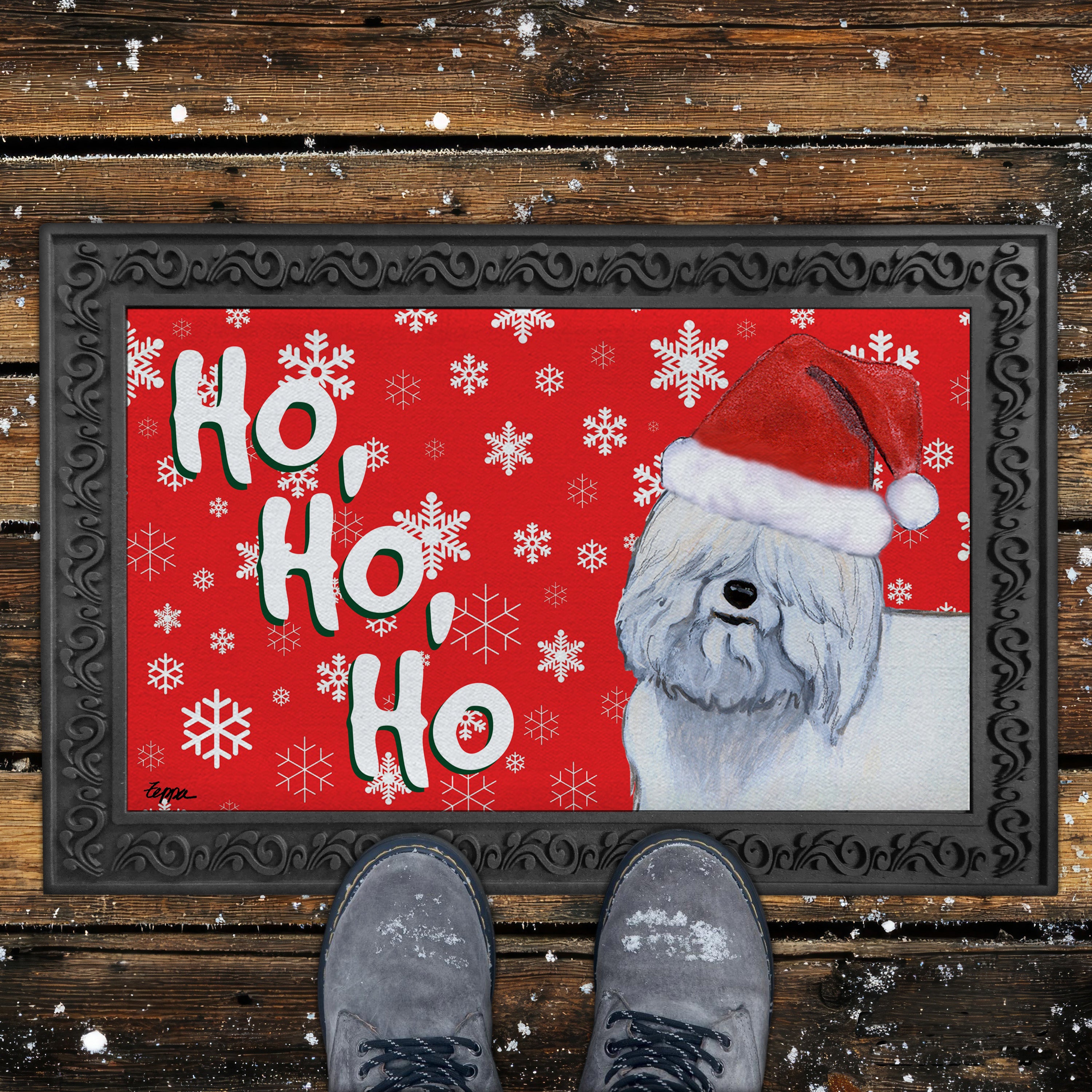 Coton du Tulear Ho Ho Ho Door Mat in Red