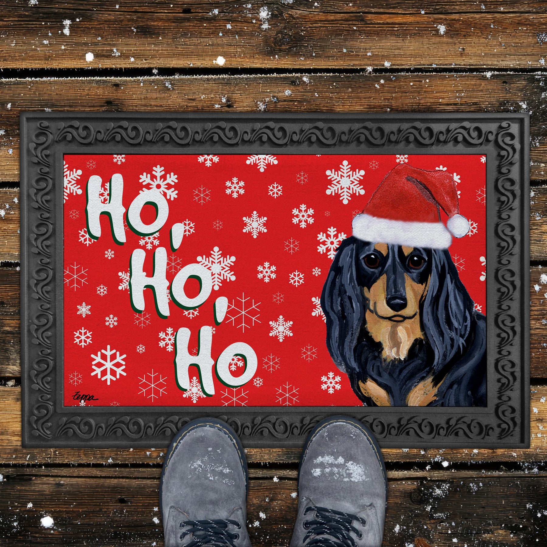 Longhaired Dachshund Ho Ho Ho Door Mat in Red