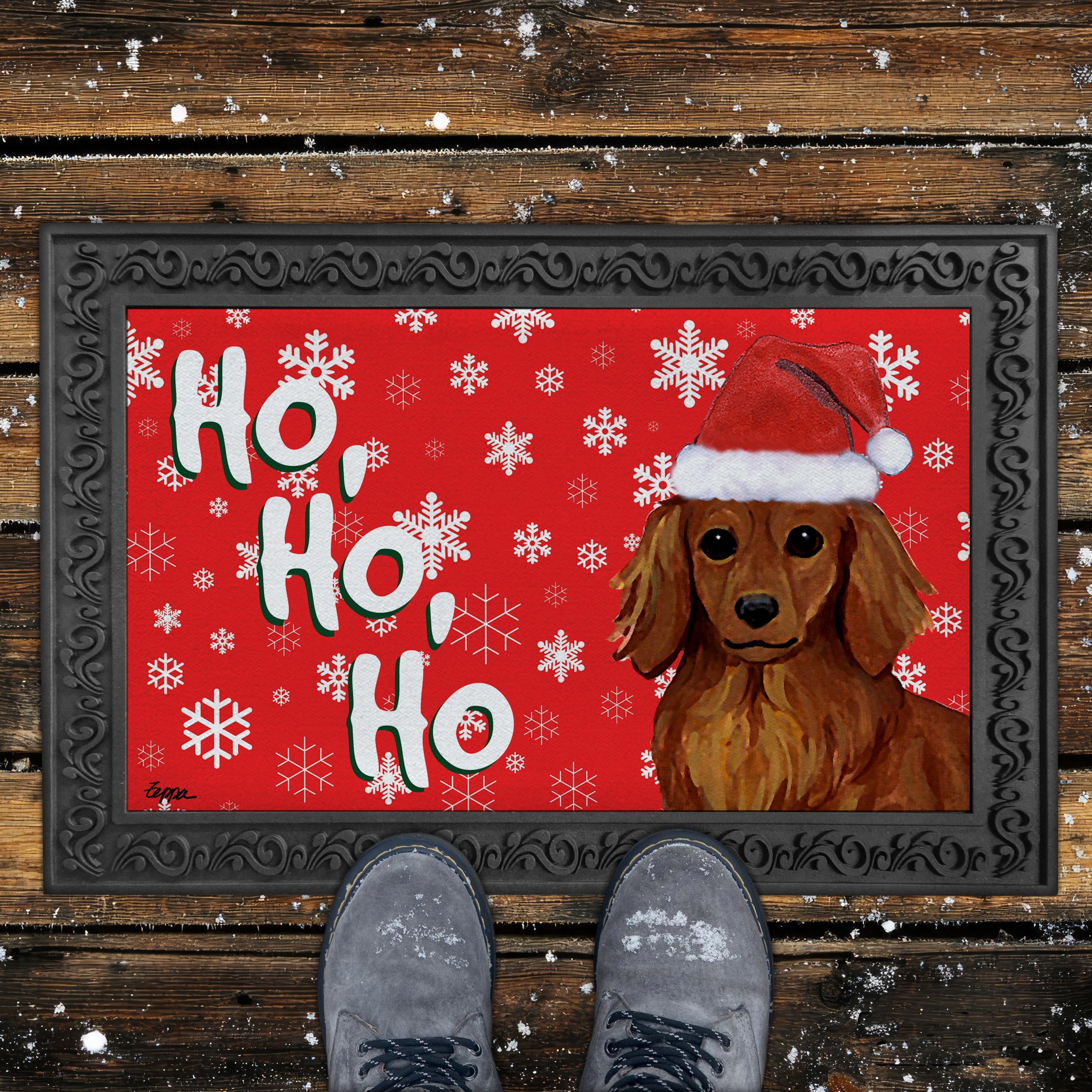 Red Longhaired Dachshund Ho Ho Ho Door Mat in Red