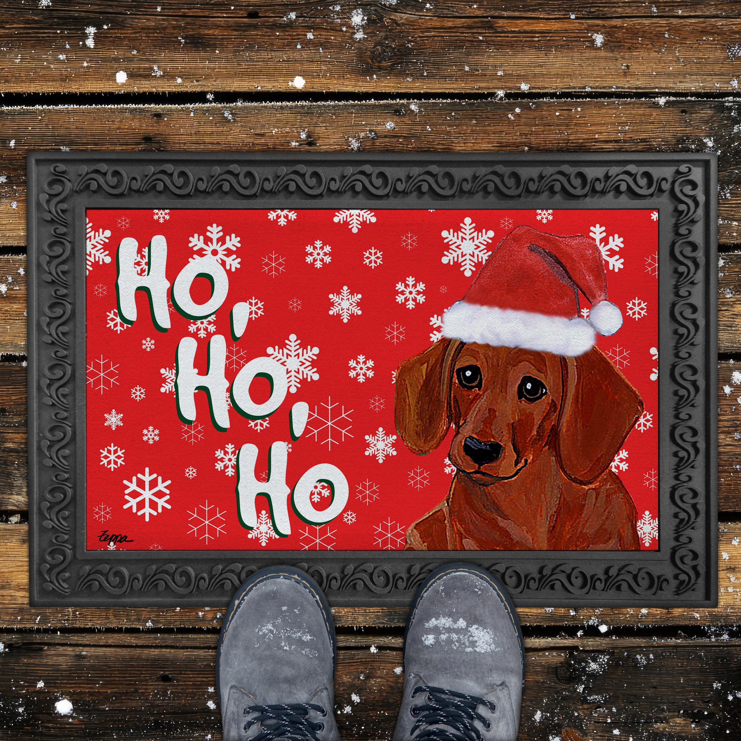 Red Dachshund Ho Ho Ho Door Mat in Red