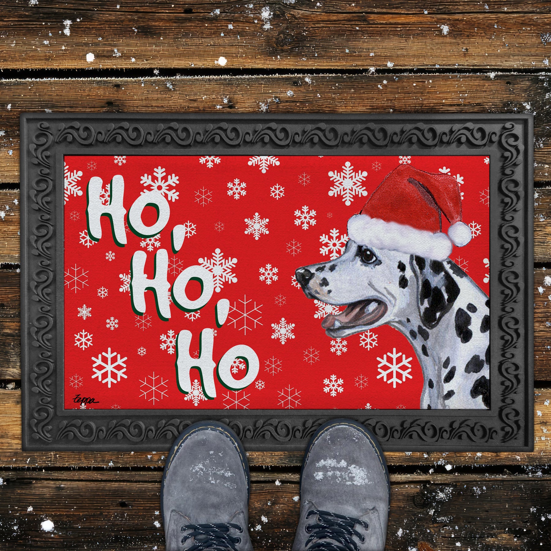 Dalmatian Ho Ho Ho Door Mat in Red