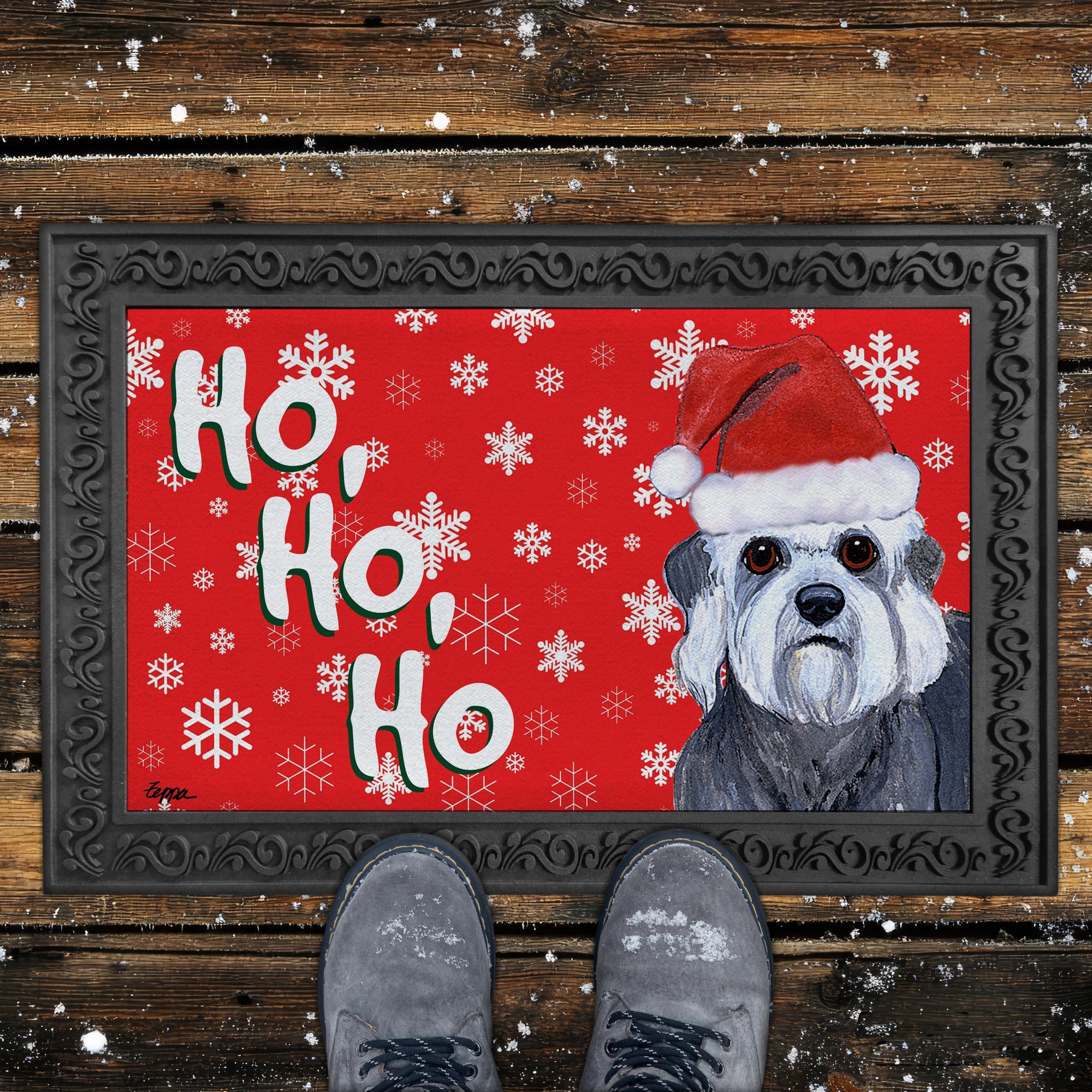 Dandi Dinmont Terrier Ho Ho Ho Door Mat in Red