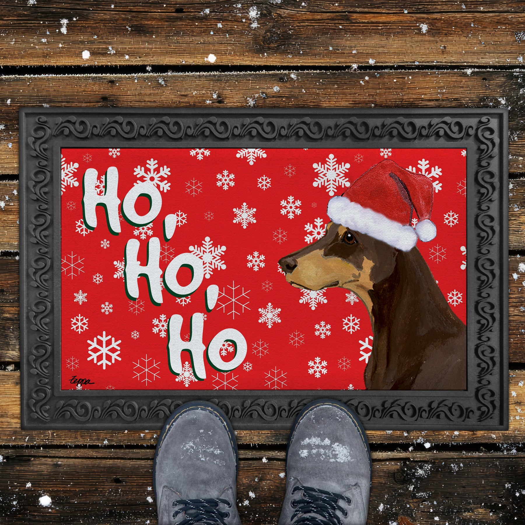 Red Doberman Ho Ho Ho Door Mat in Red