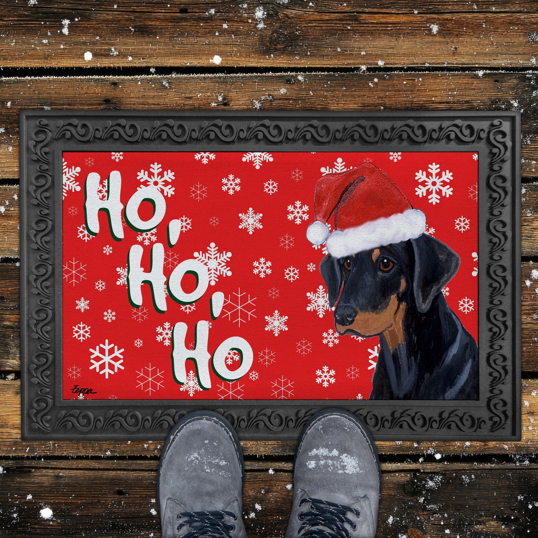 Uncropped Doberman Ho Ho Ho Door Mat in Red